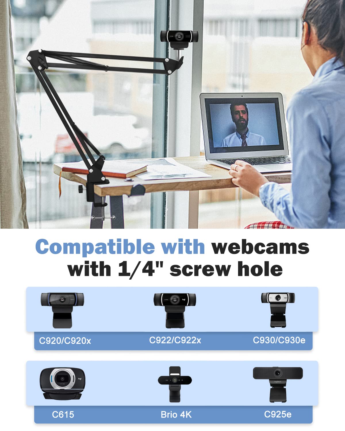 Boseen Webcam Stand Desk Mount - Suspension Boom Scissor Arm Webcam Holder With Desk Clamp Mount For Logitech Webcam C920 C922 C922X C920S C930E C930 C615 Brio 4K And Other Devices With 1/4" Thread