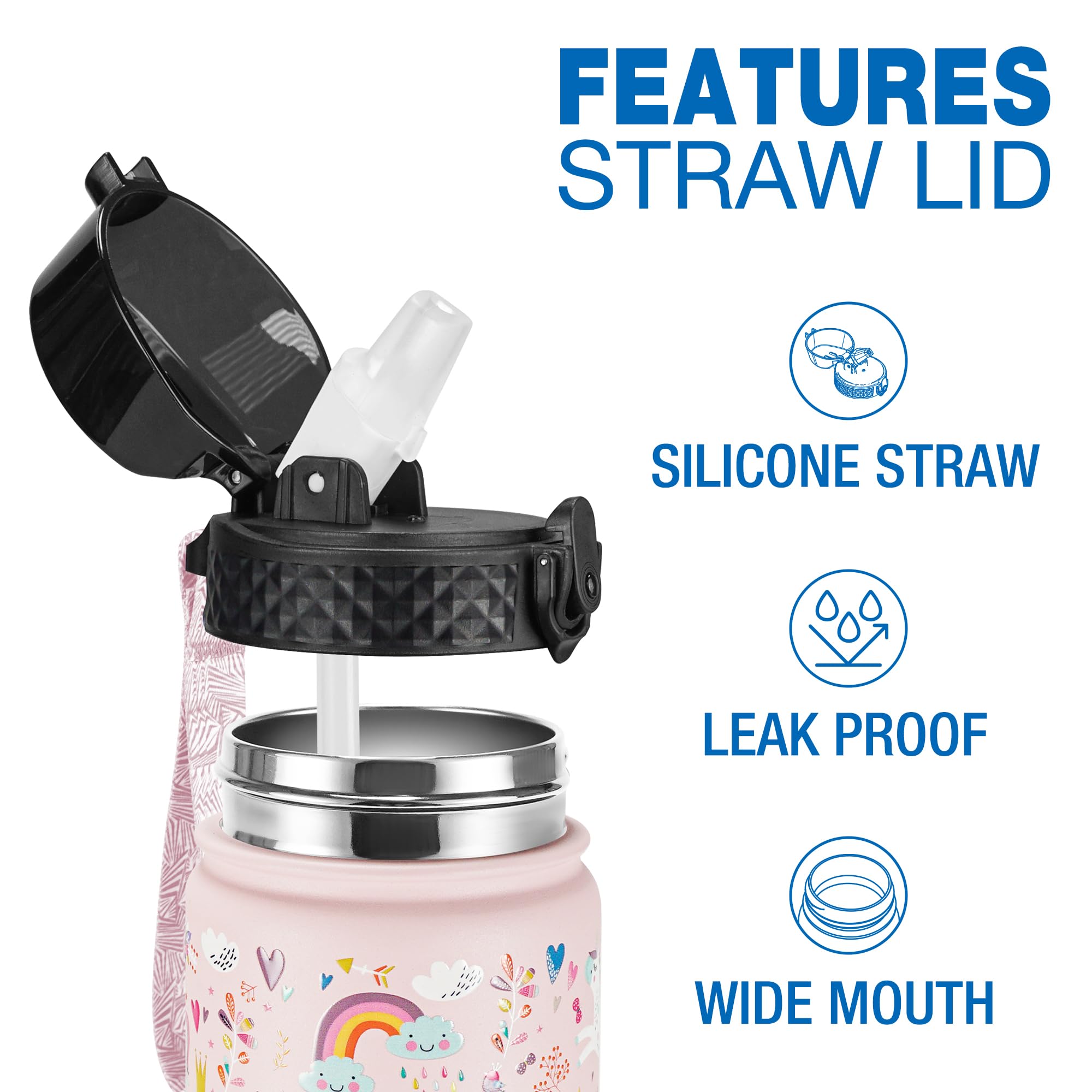 Goppus Kids Water Bottle (Straw Lid) - 14 Oz Stainless Steel Travel Bottle, Double Wall Vacuum Leak