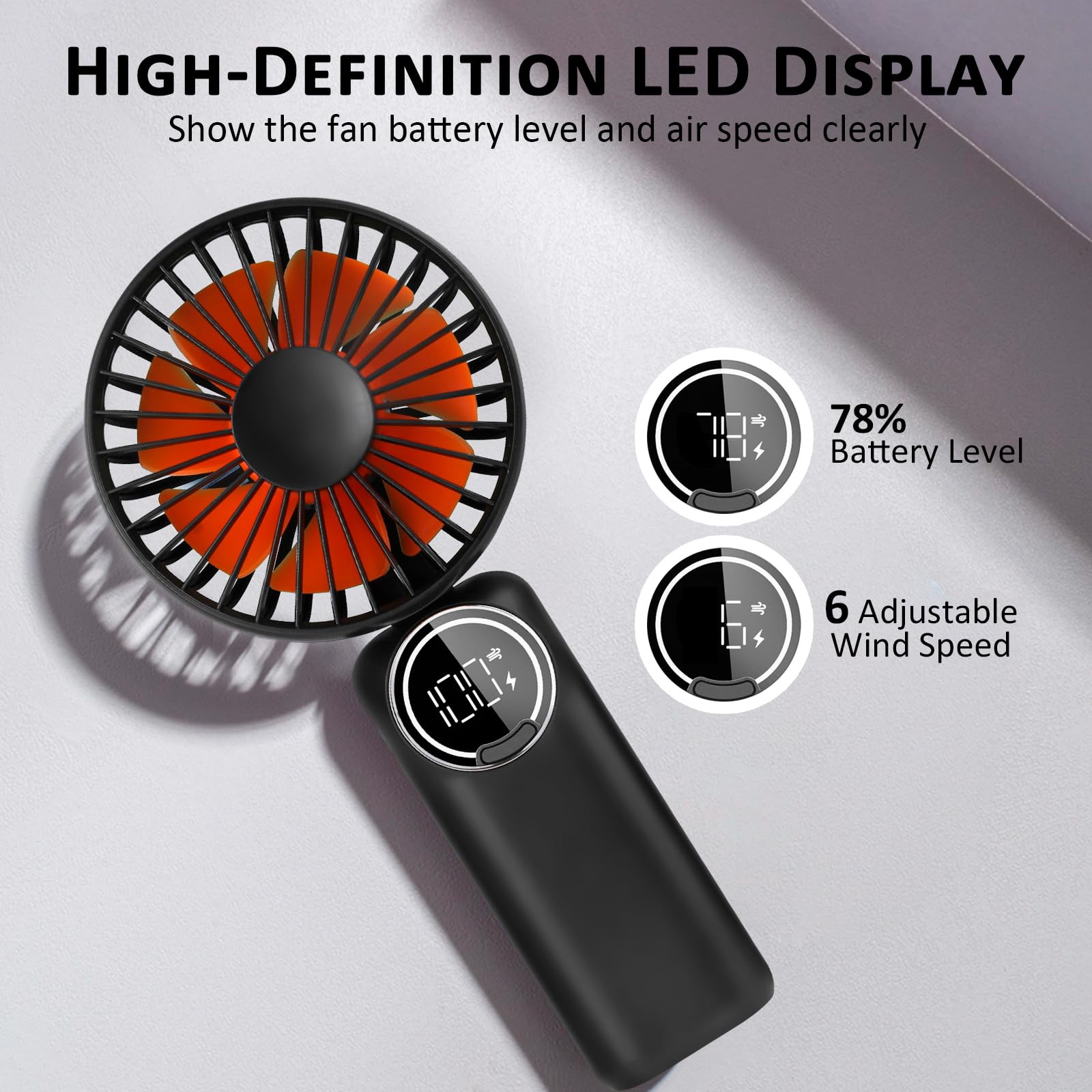 Portable Handheld Fan, Mini Desk Fan Rechargeable With Led Display, 180° Foldable Personal Fan