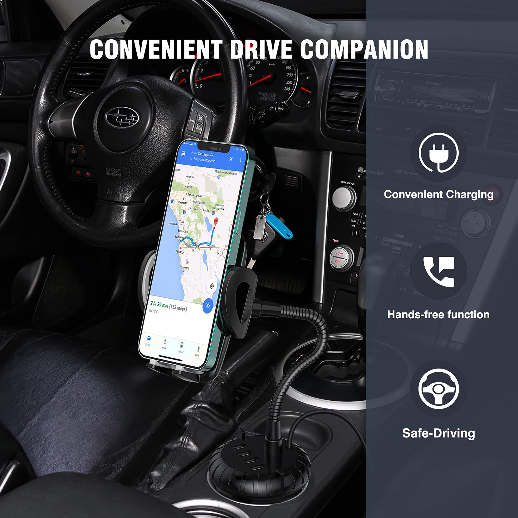 Utik 4-Port Usb Car Charger With Cup Holder Phone Mount, Rapid Multi Port Charger, Adjustable Gooseneck Rotatable Holder For Smartphones