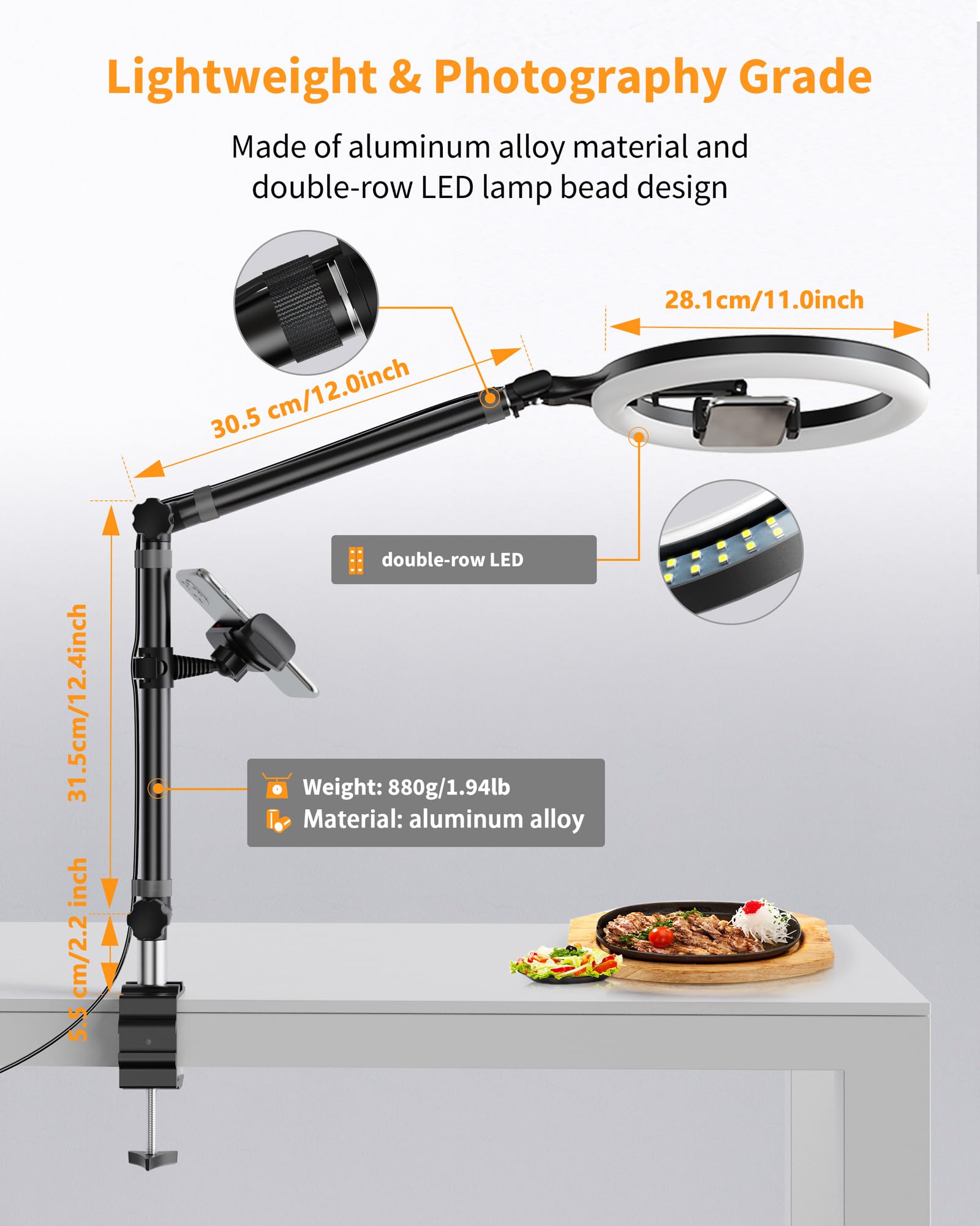 Luoled Ring Light With Stand And Phone Holder, Usb 10" Ring Light For Desk, Overhead Camera Mount With Ringlight, Desk Lamp With Clamp For Photography/Makeup/Live Streamvideo/Youtube
