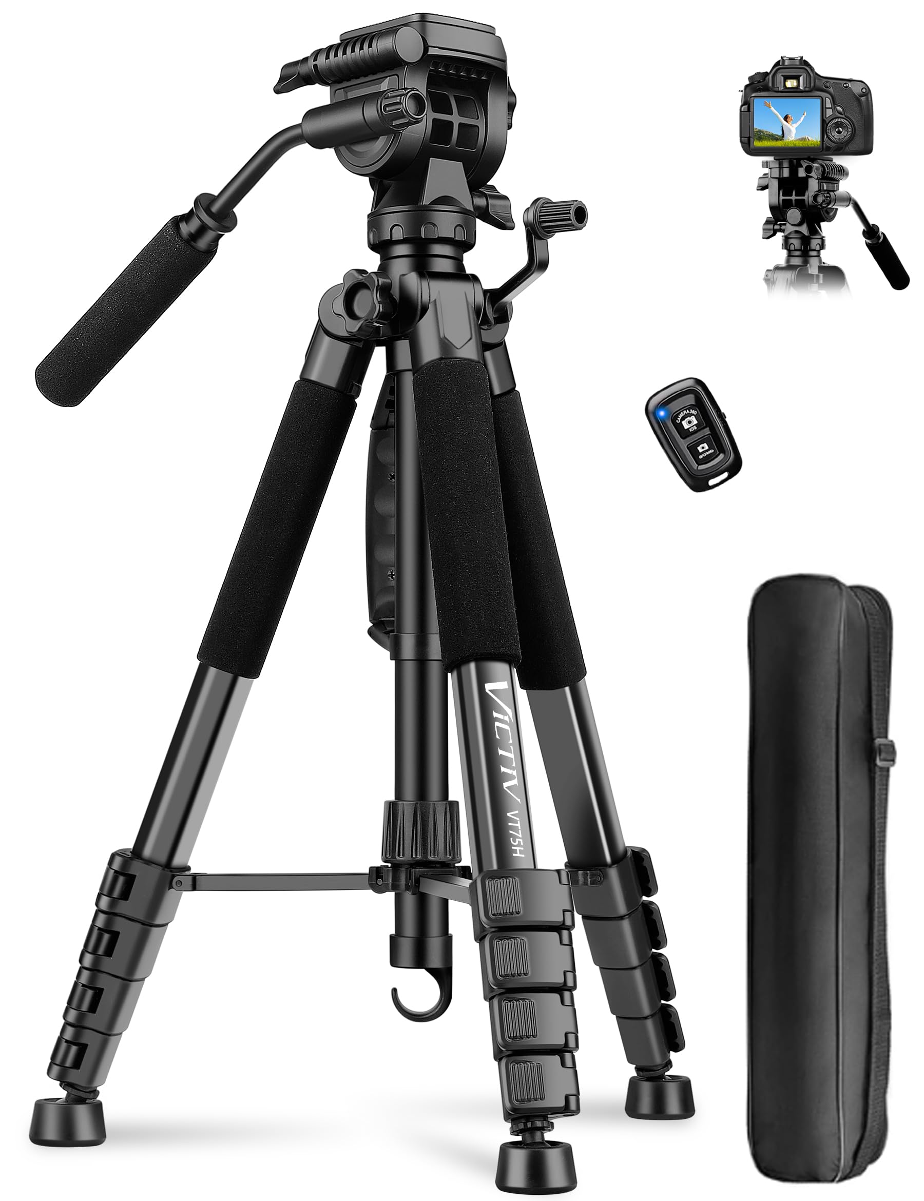 Victiv 75" Camera Tripod Stand, Heavy Duty & Ultra-Stable For Video Camera/Dslr/Cell Phone/Camcorder/Spotting Scopes, Professional Aluminum, Tall For Video Recording
