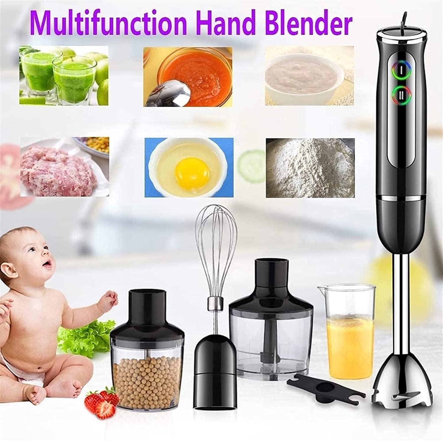 Kaabeto Hand Blender 1000W 700Ml Immersion Blender 9 Speed Control, 4 In 1 Powerful Stick Blender, Chopper, Whisk, 500Ml Food Grinder For Sauces Smoothie Puree Infant Food (Black)