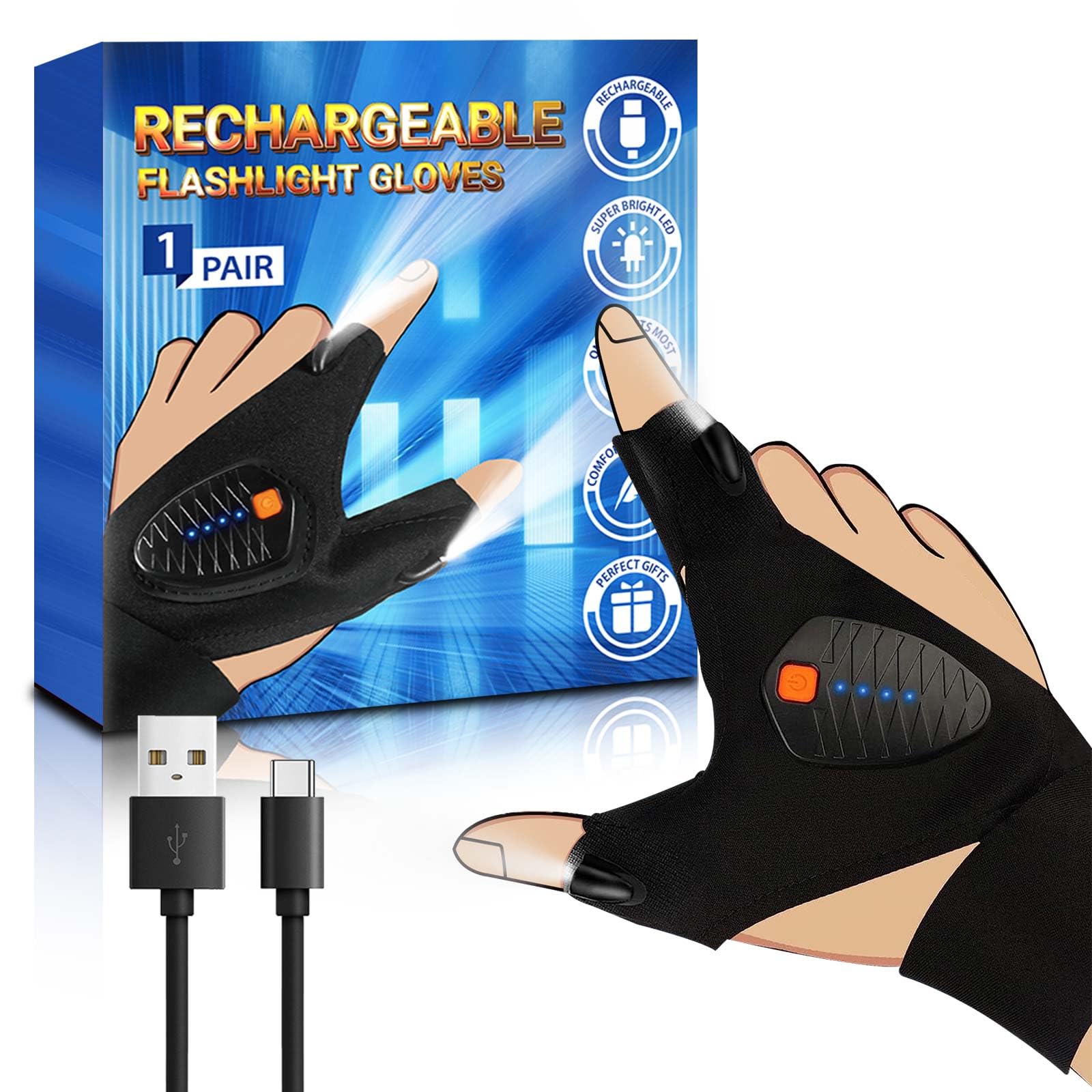 Apicey Rechargeable Led Flashlight Gloves,  For Men Dad Him Boyfriend Birthday Father'S Day, Cool Gadgets Waterproof Light Gloves With Battery Indicator For Repairing Fishing Camping