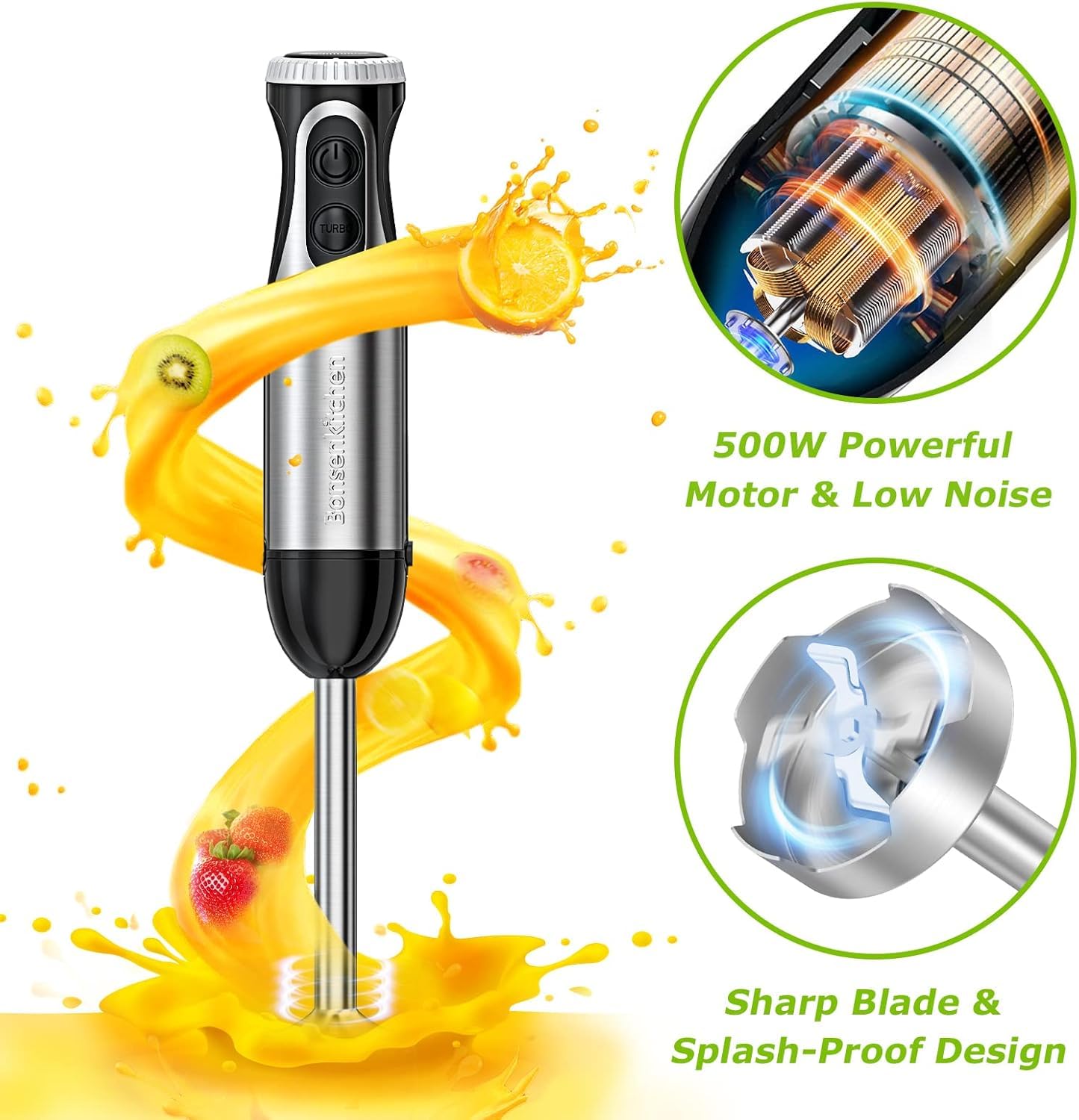 Bonsenkitchen Immersion Blender, 20 Variable Speeds & Turbo, 4-In-1 Stainless Steel Handheld Blender Stick, Egg Whisk, Perfect For Soups, Baby Food, Easy Clean, Versatile Kitchen Tool