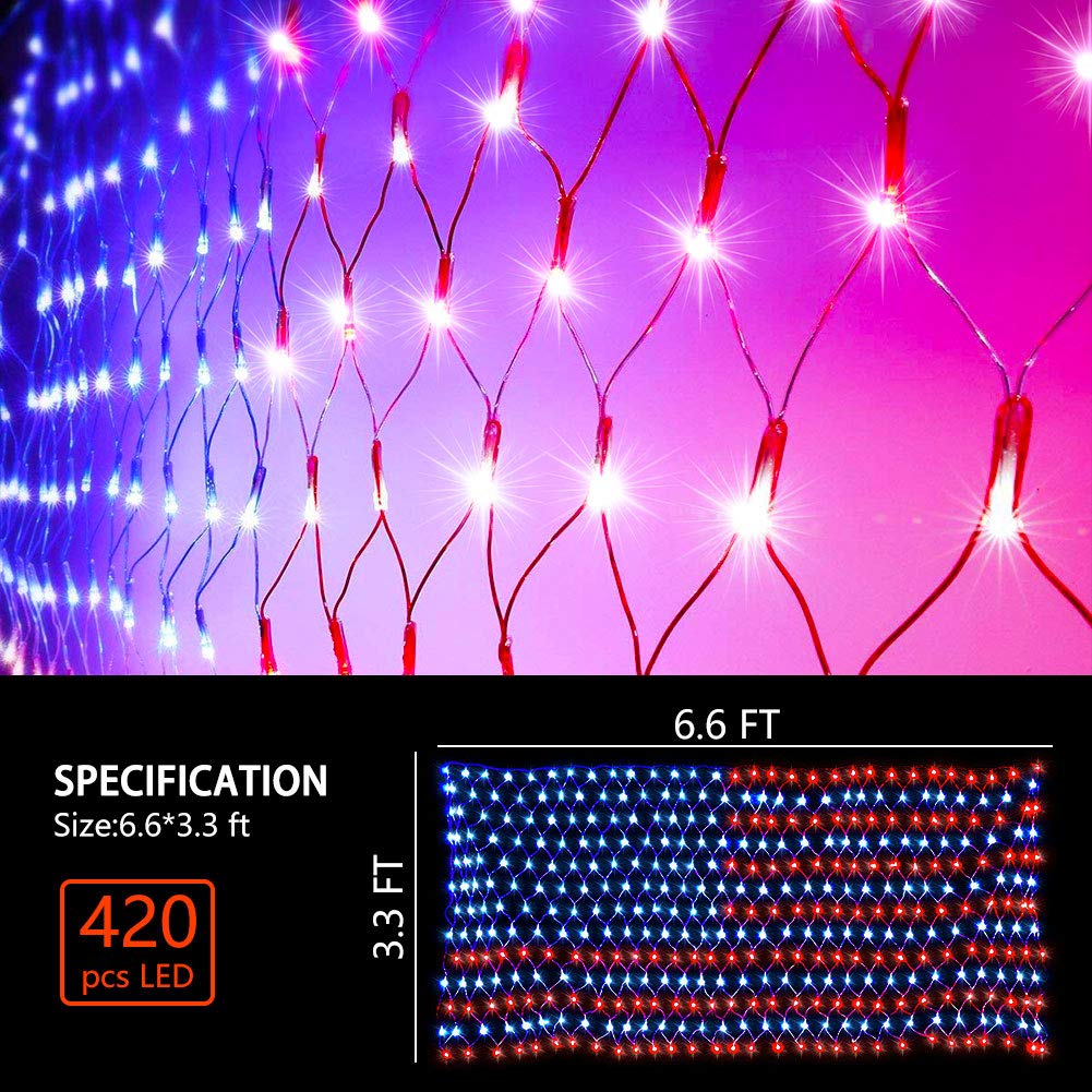 Henhui American Flag Lights,Hhui 420 Led Flag Net Light,Waterproof Flag String Lights Outdoor,Patriotic Ornaments For Independence/National Day July 4Th Memorial Day Halloween Christmas Day, 110V-Plug In