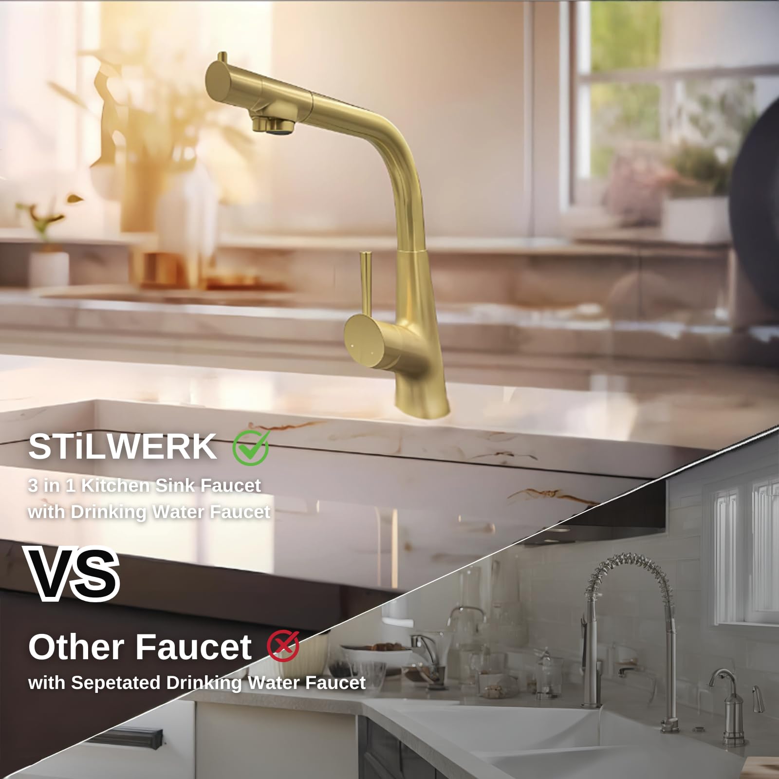 Stilwerk Creation & Living Stilwerk 3 In 1 Kitchen Sink Faucet Krp2268, 3 Way Kitchen Faucet, Cold And Hot Water Mixer Kitchen Tap, Brass Drinking Water Faucet, 360° Swivel, Lead-, Gold