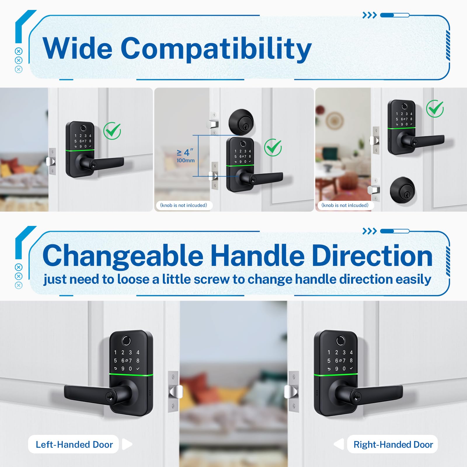 Kucacci Keypad Smart Door Lock With Handle: Keyless Entry Fingerprint Lock - Digital Code Handle With Keypad - Electronic Smart Knob For Front Door - Deadbolt Alternative With App - Easy Installation