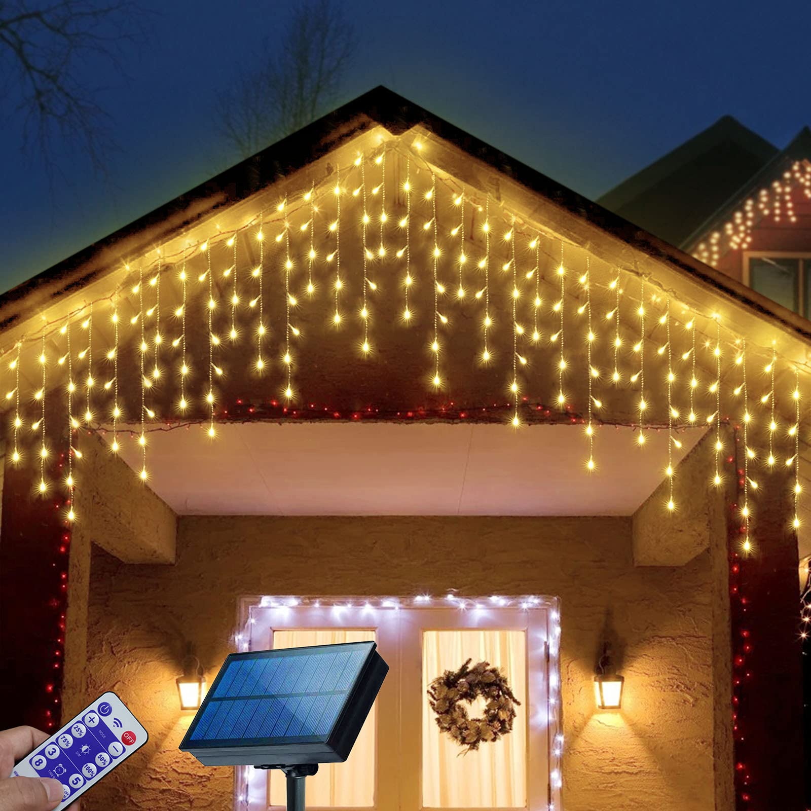 Janchs 304 Led Solar Christmas Icicle Lights Outdoor Decorations, 8 Modes Waterproof Icicle Fairy Lights For Outside Holiday, Patio, Balcony, Christmas, Window, House Eaves Decorations, Warm White