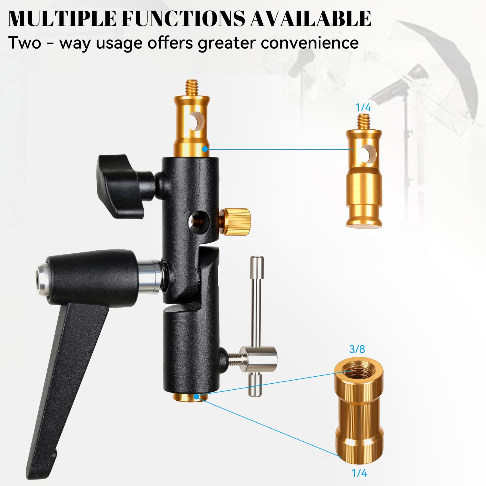 Konseen Camera Flash Shoe Bracket H Type Mounts With Multi Functional Umbrella Reflector Insert Hole Holder,180° Adjustable Light Stand Mount Adapter With 1/4" & 3/8" Female Screw For Photography Studio