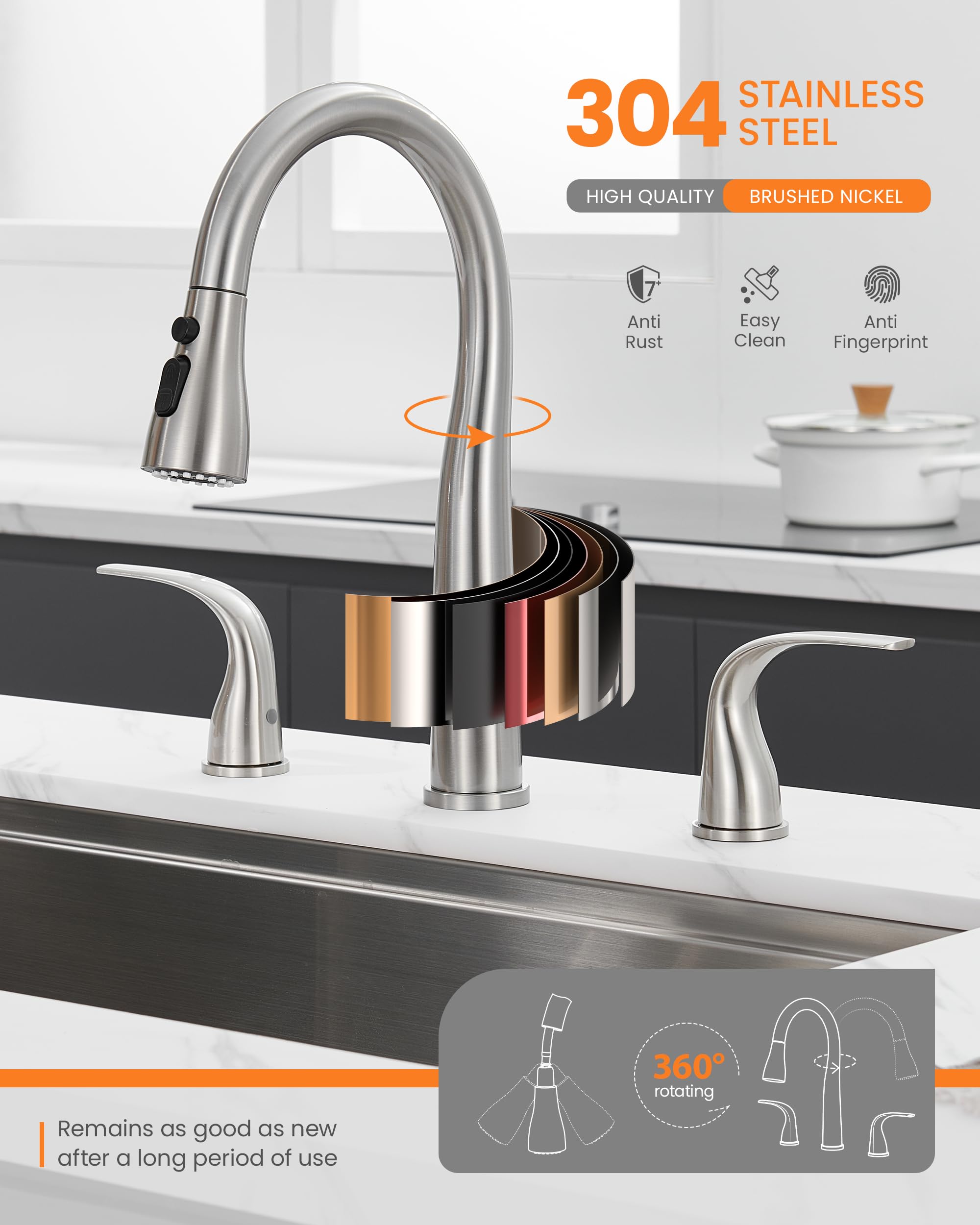 Tioriy 3 Hole Kitchen Faucet With Pull Down Sprayer, Brushed Nickel, Double Handle High Arc Faucet For Kitchen Sink With 3 Mode Spray, Stainless Steel, T-3005Bn