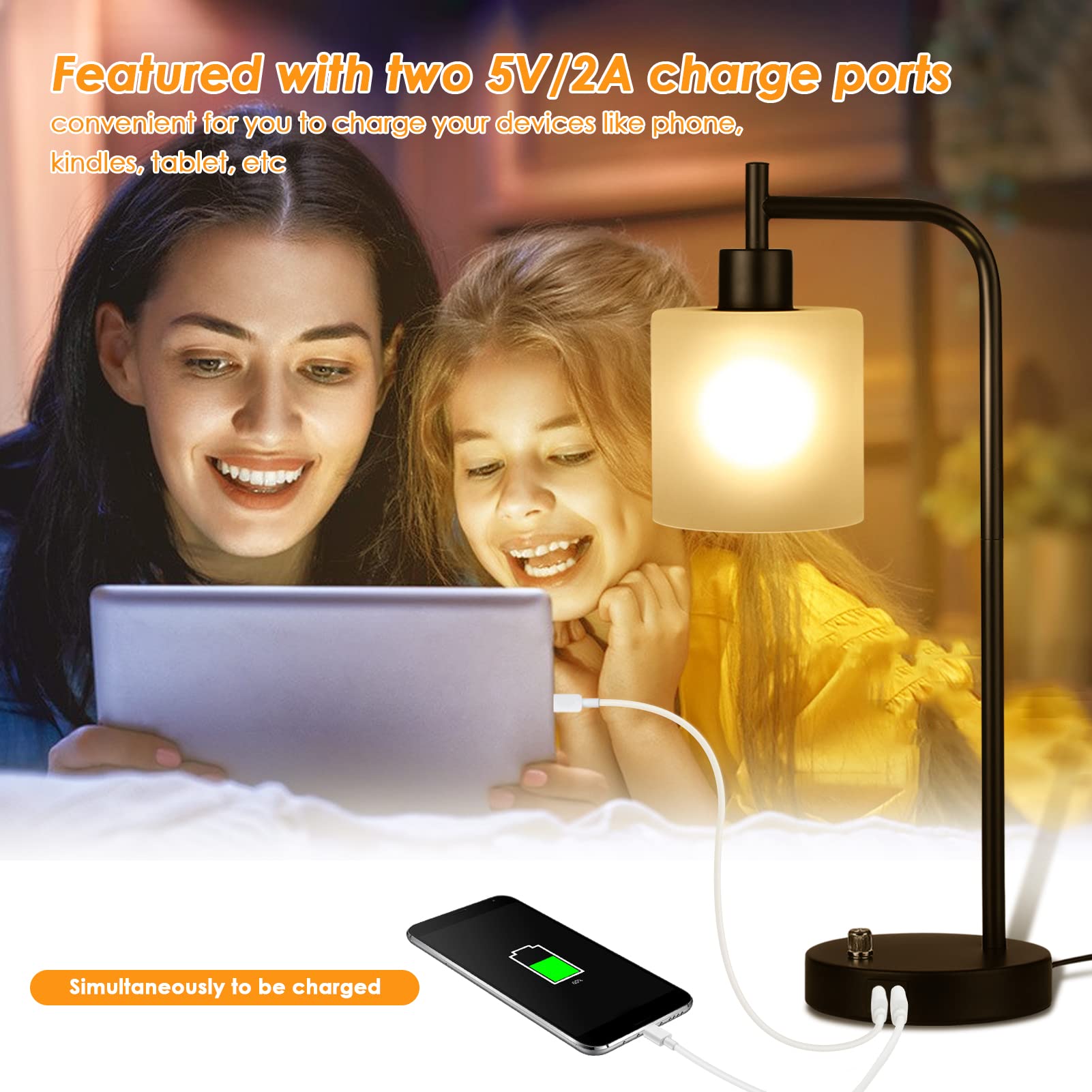 Topyond Modern Table Lamp, Dimmable Touch Control Black Bedside Lamp With 2 Usb Ports, Ac Socket, Round Shade For Bedroom, Living Room And Home Office Use