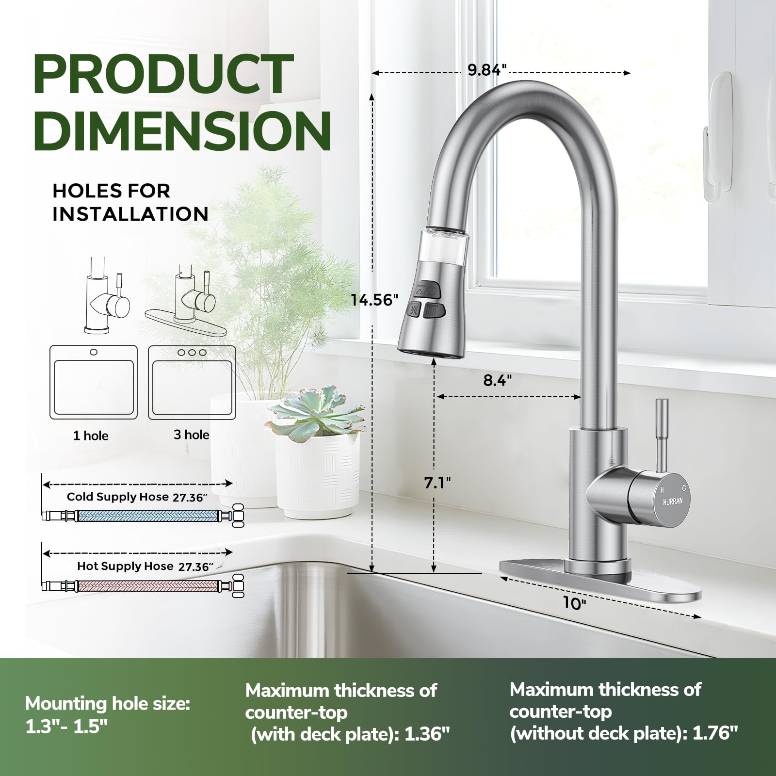 Hurran Kitchen Faucet With Pull Down Sprayer, Brushed Nickel Water Filter Faucets, High Arc Single Handle Kitchen Sink Faucet 1 Or 3 Hole, Utility Sink Faucets With Deck Plate For Farmhouse Rv Wet Bar