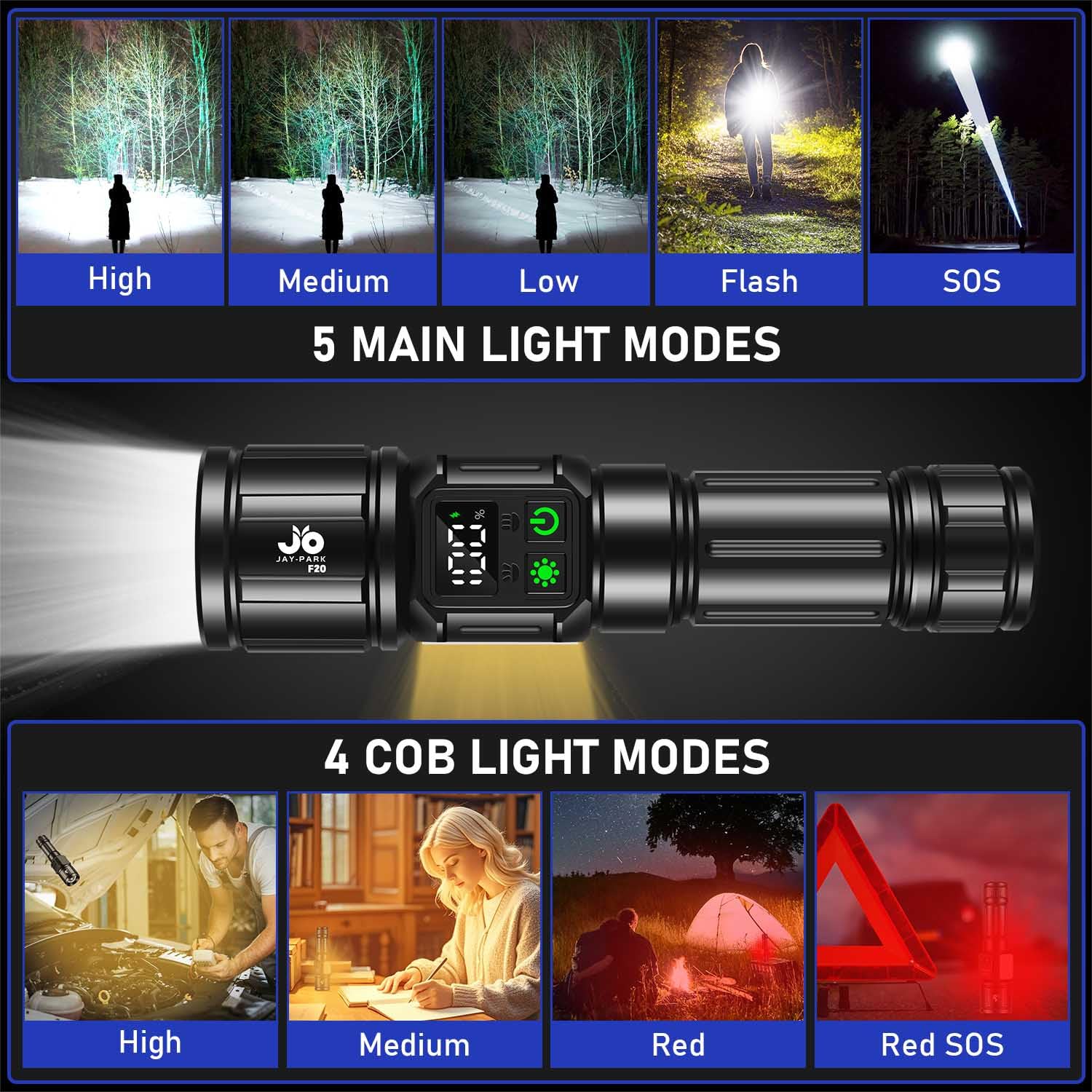 Jay-Park Flashlights High Lumens, Rechargeable Flashlight 1000,000 Lumens With Magnetic, Bright Flash Light 9 Modes With 5000 Mah Battery, Tactical Flashlight For Camping, Hiking, Dog Walking