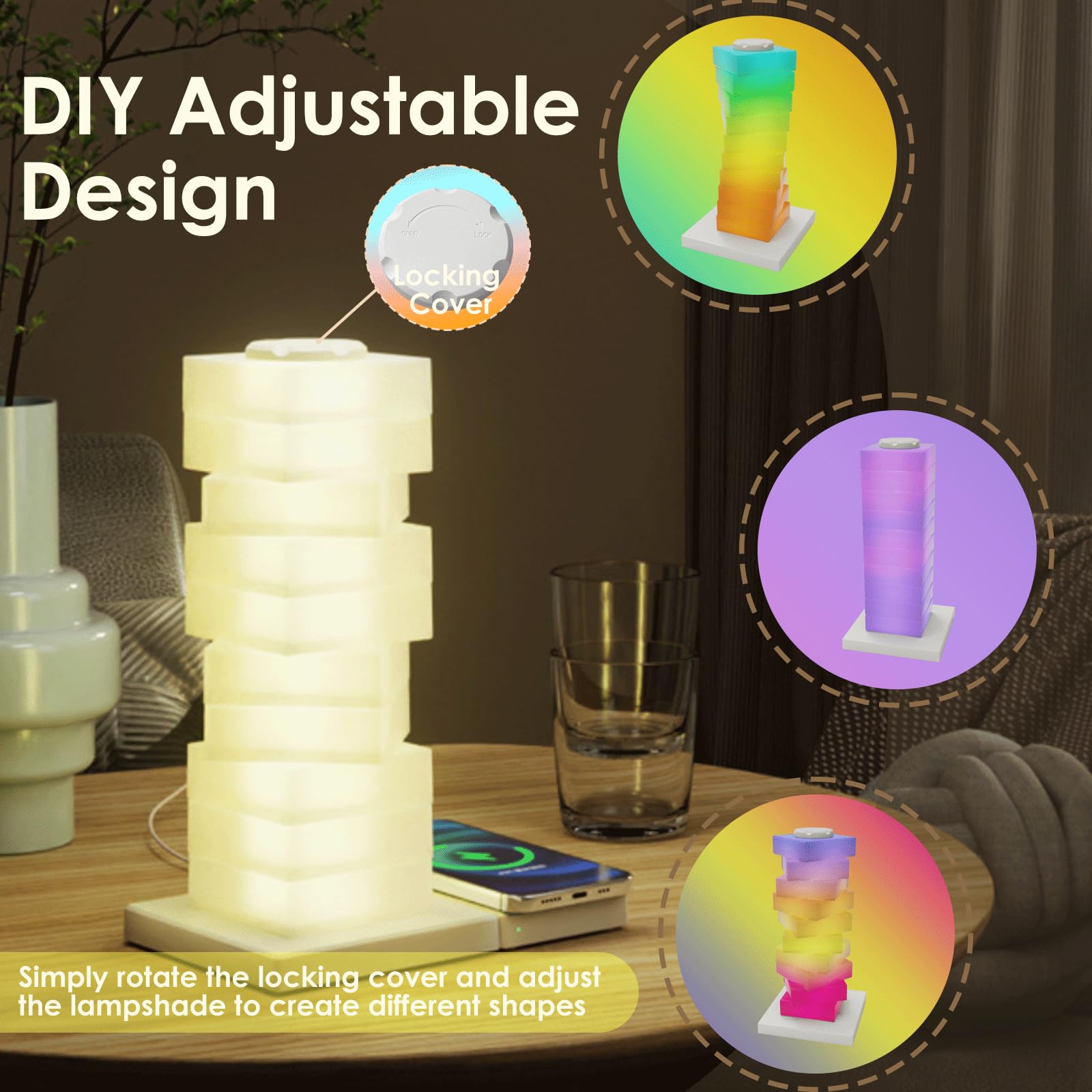Midgod Touch Table Lamp With Wireless Charging, Diy Sleek Design & Dimmable Light With Rgb Color Change Mode,Usb Rechargeable Desk Lamp For Bedroom, Led Night Light With Warm White Lights