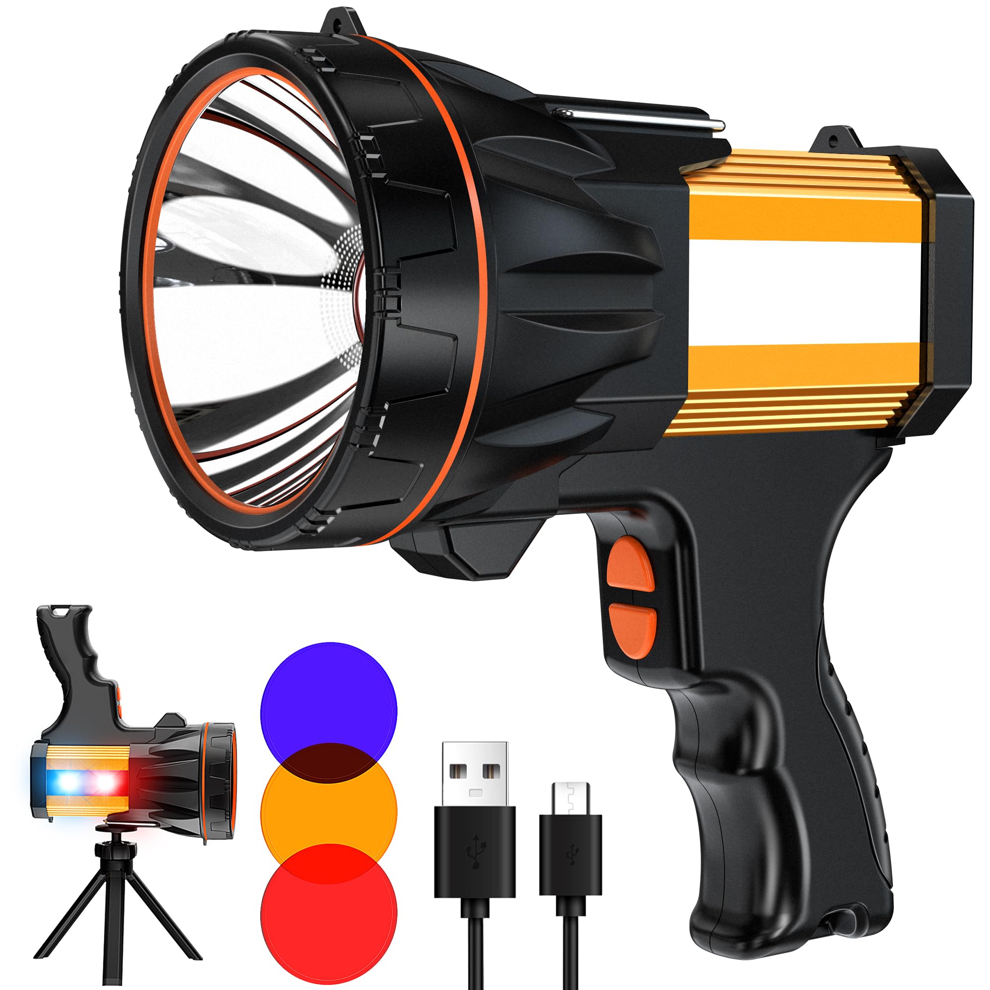Yearproer  Spotlight Brightest 1000000 Lm Energy Saving Function, 60 Hour Standby Battery Time Led Flashlight, 360° Adjustable Tripod And Ip68 Waterproof Flash Light For Camping Hunting Emergency Walking