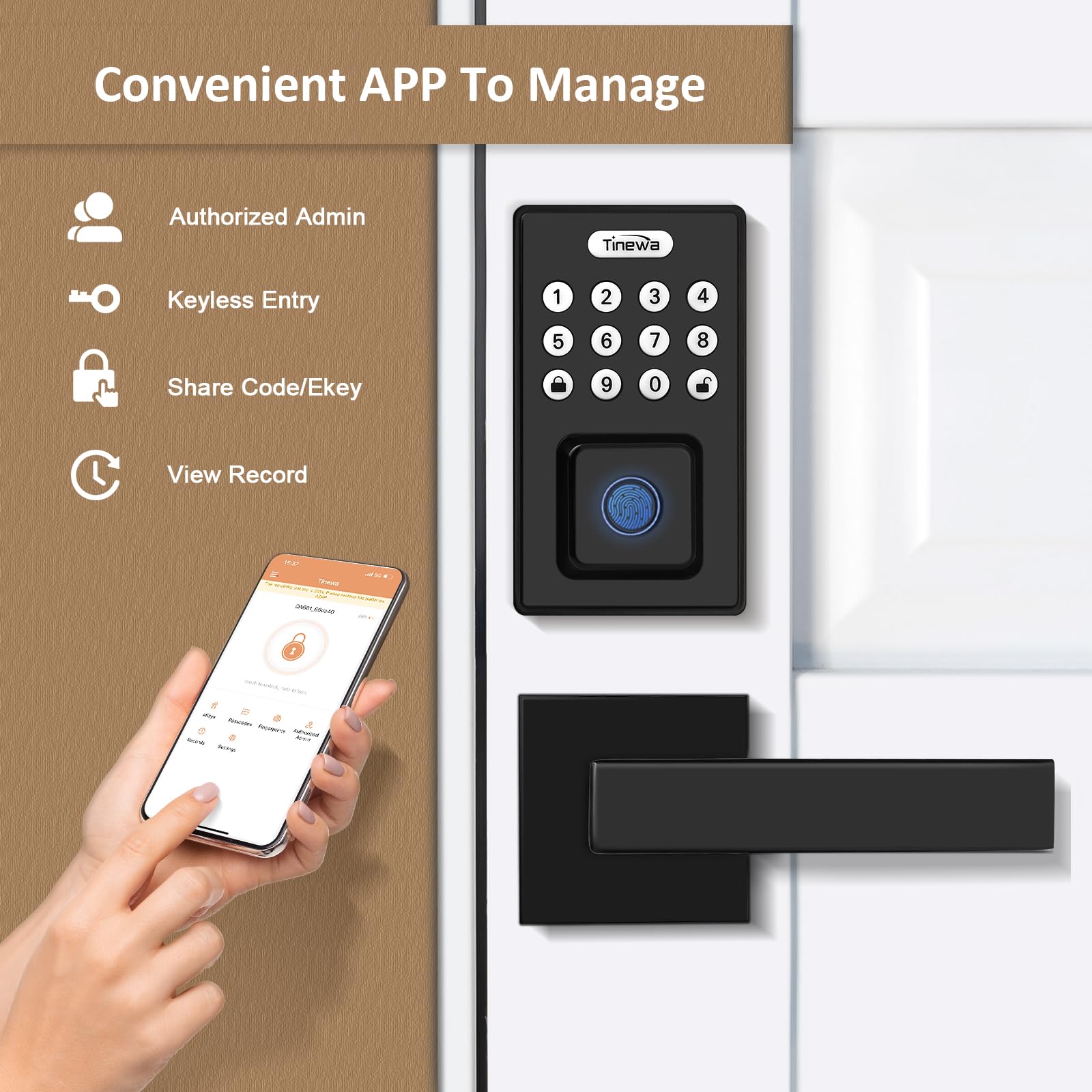 Tia Keyless Entry Door Lock With 2 Lever Handles, Fingerprint Entry Door Handleset, Electronic Digital Keypad Deadbolt With App, Auto Lock & One Touch Locking, Front Smart Door Handle Sets, Black