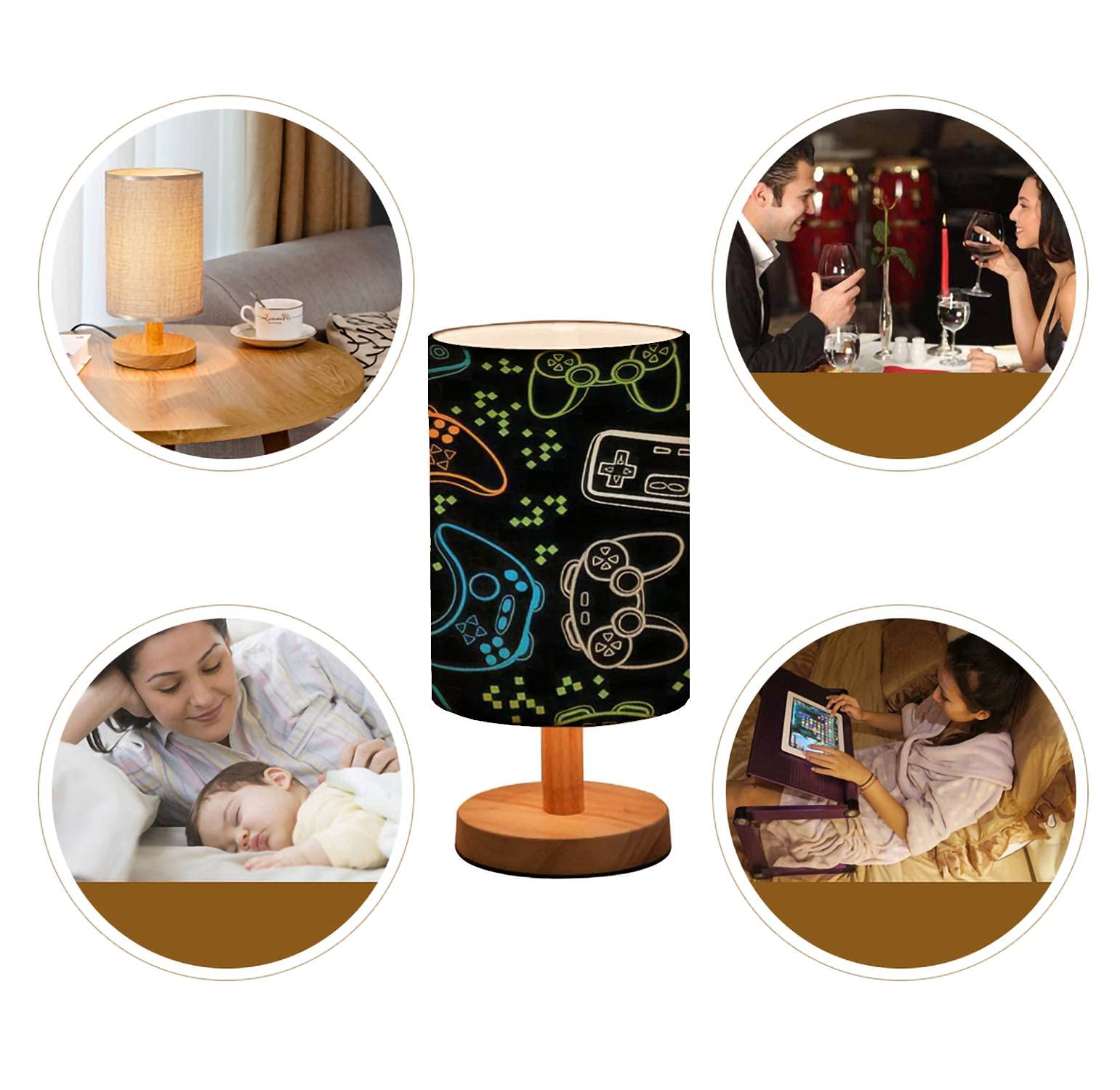 Rainfallaring Minimalist Bedside Table Lamp Seamless Bright Pattern With Joysticks Gaming Cool Print For Boys And Solid Wood Nightstand Desk Base Flaxen Fabric Shade Bedroom Living Room, 5.5X11Inch