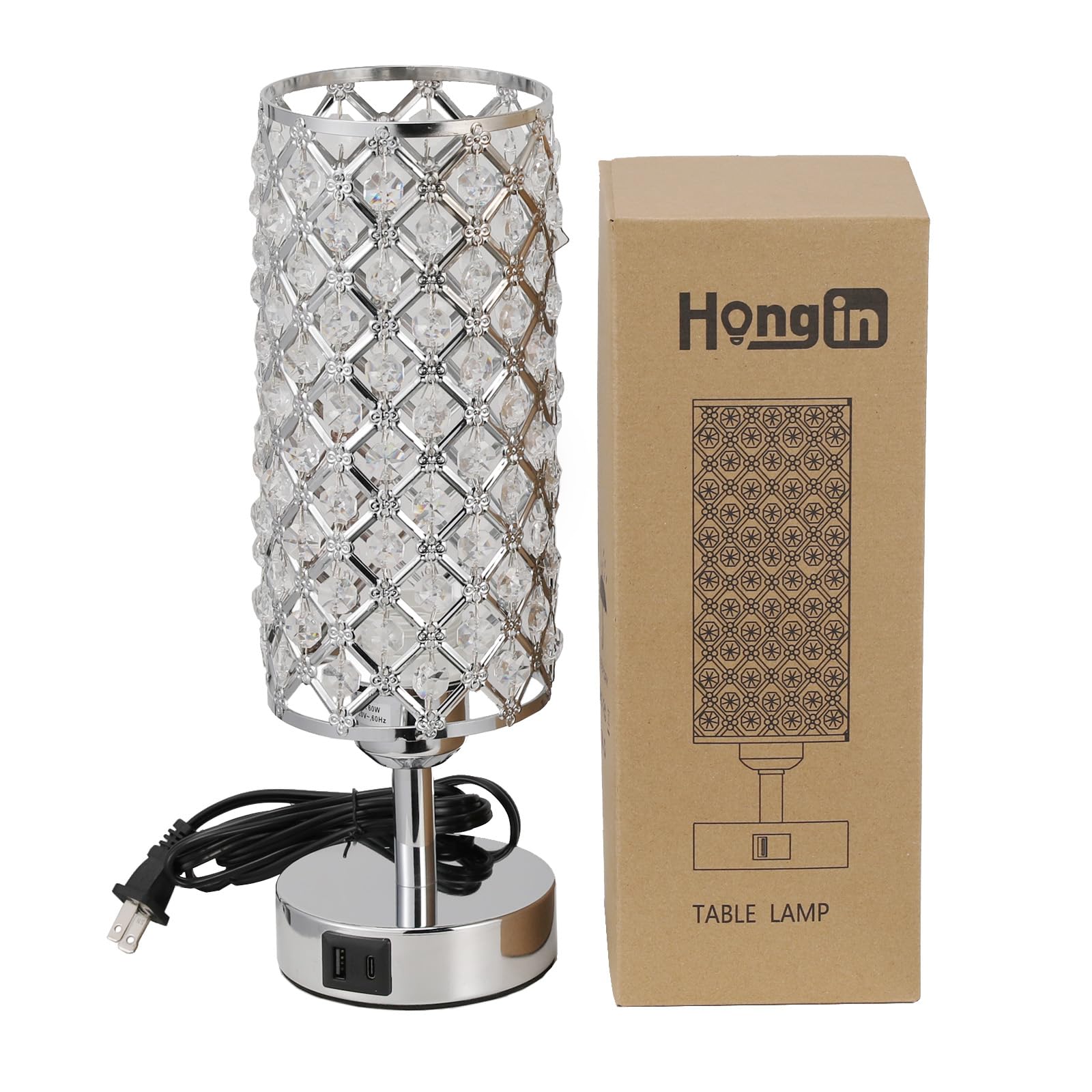 Hong-In Crystal Touch Lamp With Touch Control, Sliver Table Lamp With Usb-C+A Ports, 3 Way Dimmable Bedside Lamp Decorative Modern Nightstand Lamp, Bedroom Light For Living Room Side Table(Bulb Included)