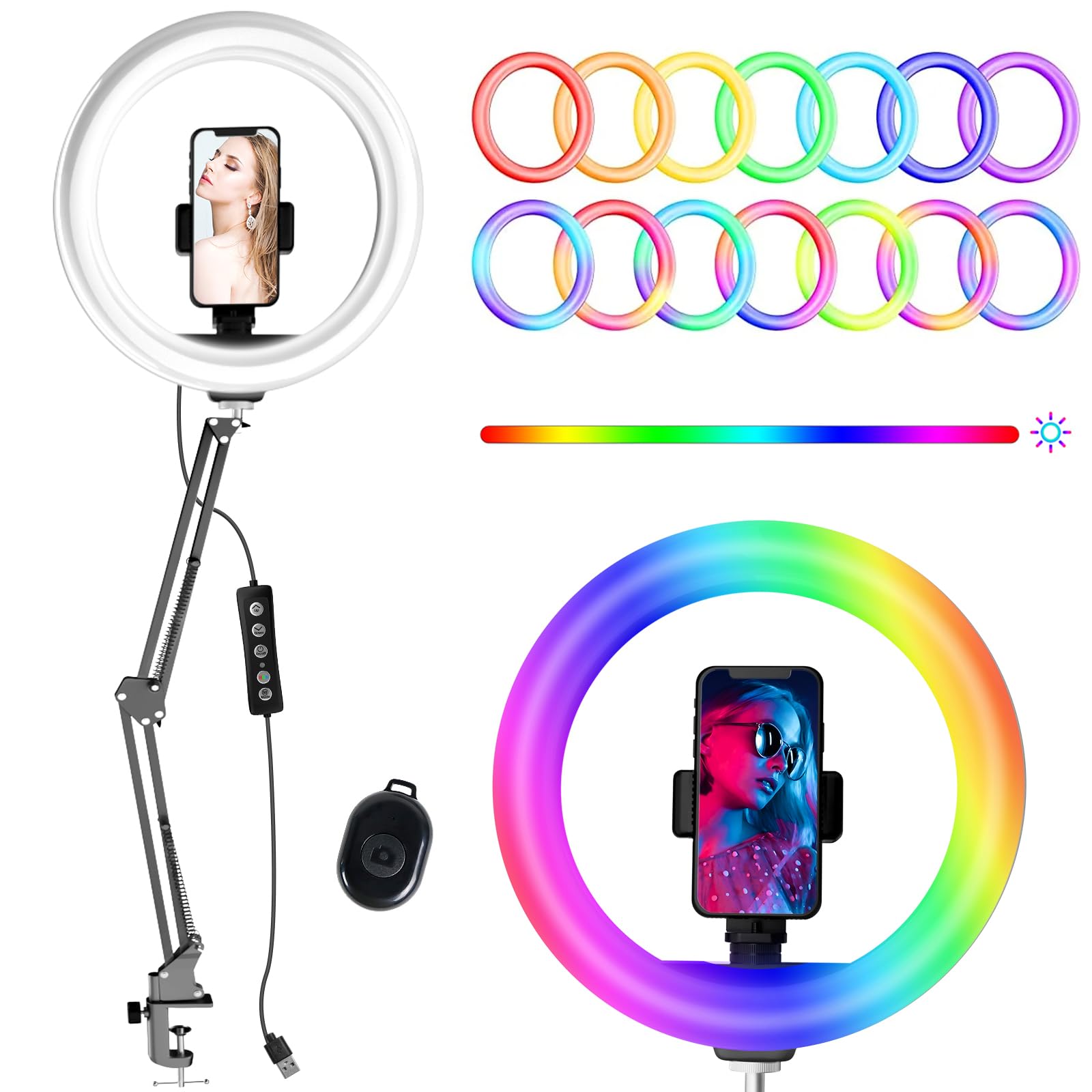Senwow 10.2" Selfie Ring Light With Stand, Overhead Camera Mount With Phone Holder For Desk, 12 Dimming Levels, 53 Color Modes, Stepless Dimmable/Speed Led Ring Light For Live Stream,Make Up,Youtube,Tiktok