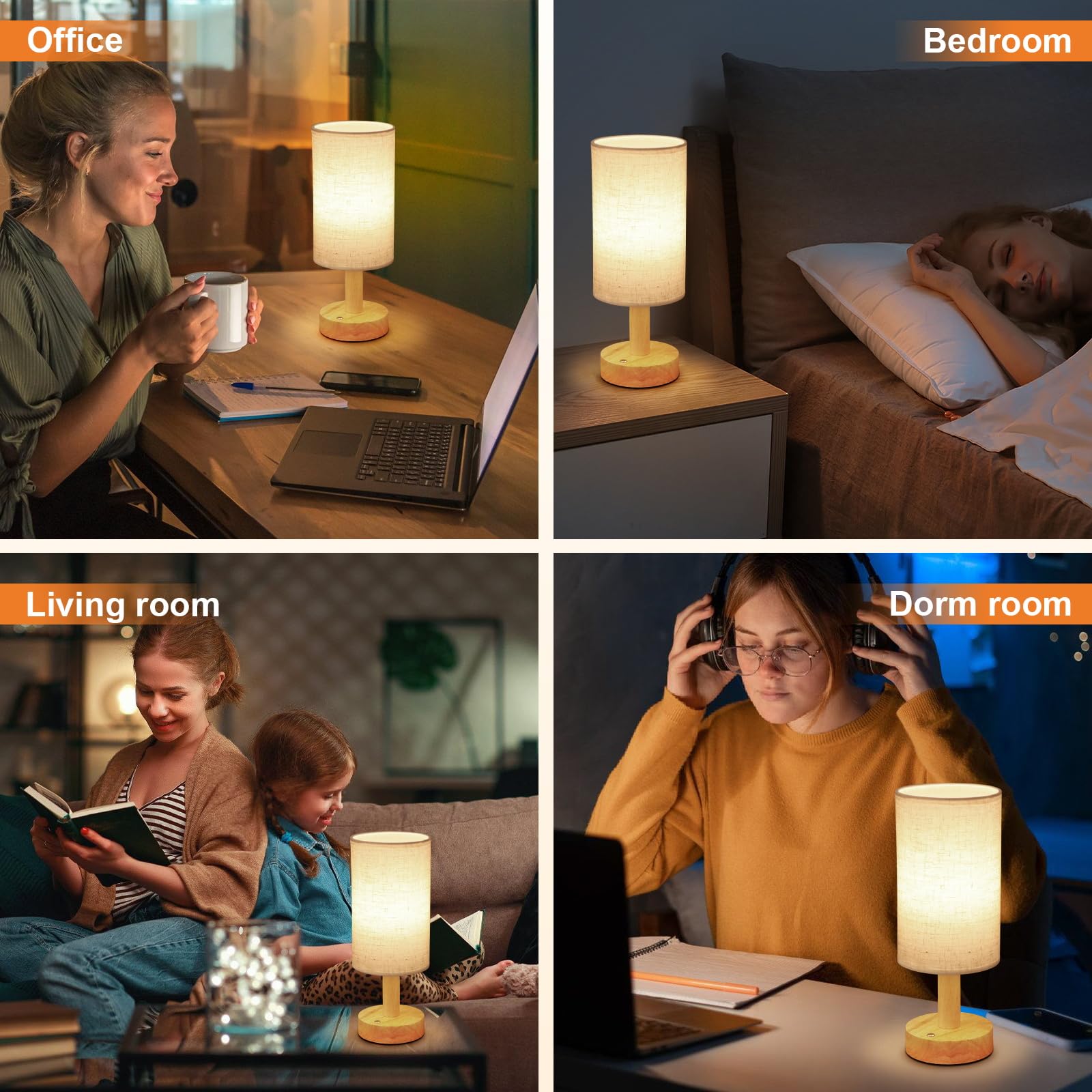 Uchenton Small Cordless Touch Table Lamps Set Of 2 With Stepless Dimming, Natural Wood Base & Linen Fabric Shade,Wireless Battery-Powered Ambient Night Lights For Bedroom, Bedside, Nightstand,Room, Nursery