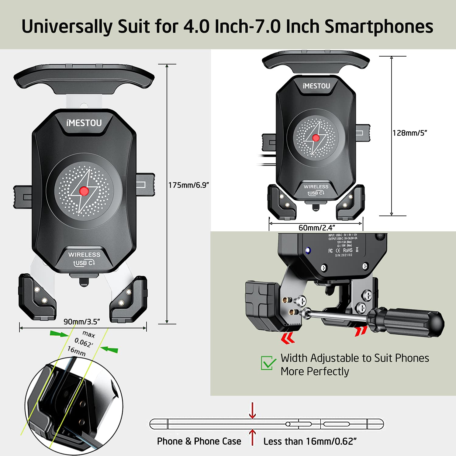 Imestou Anti-Theft Motorcycle Wireless Phone Mount Charger 15W & Usb C 3A Handlebar 1" Ball Phone Holder Works With 12V/24V Vehicle/Usb A Socket 720 Rotation Quick Charge For 4.0-7.0" Cellphones