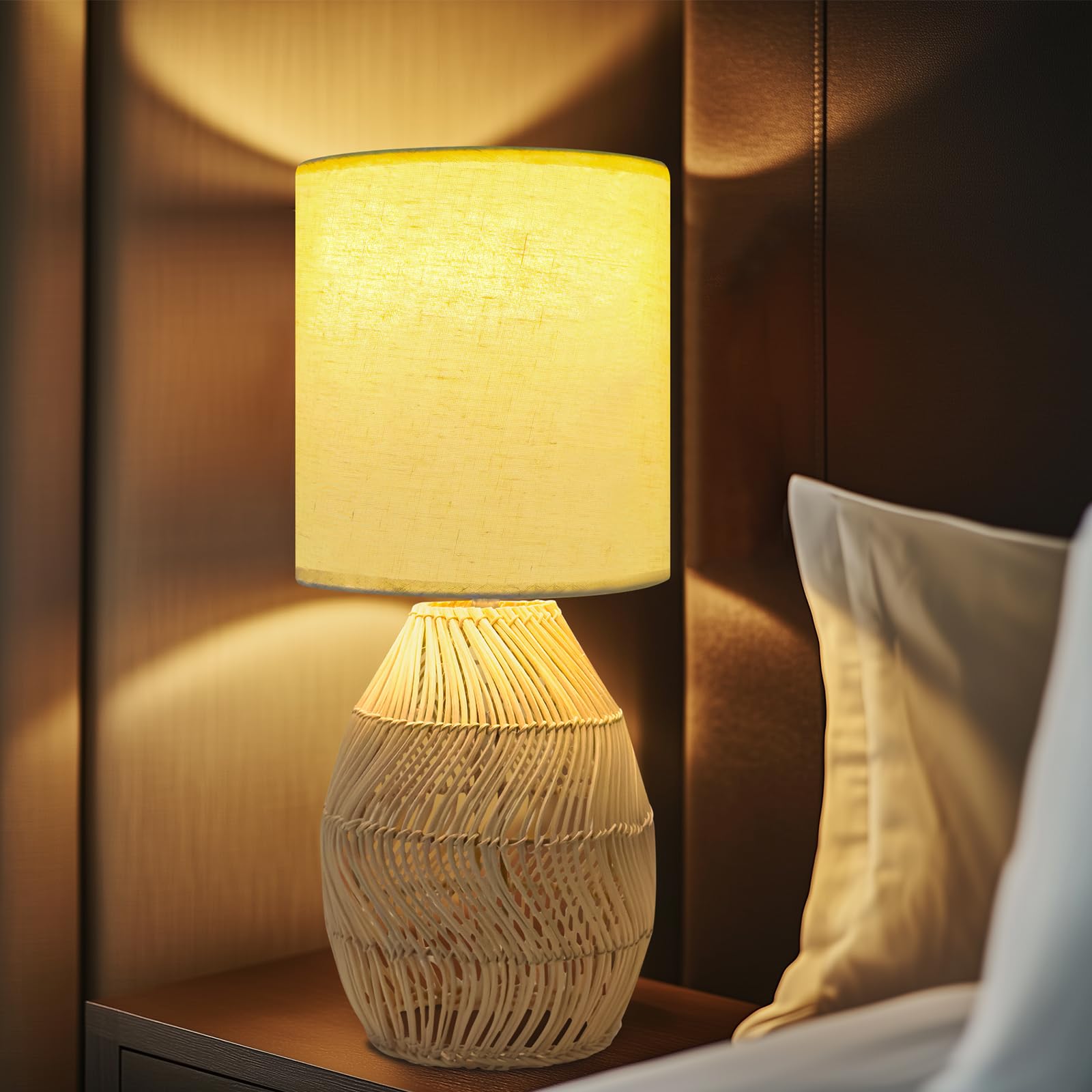 Jriceskiz Handmade Boho Rattan Table Lamp - Stepless Dimmable Wicker Nightstand Lamp With Wooden Base For Bedroom, Living Room, Office - Bamboo Woven Decorative Lamp (Striped, 1 Pack)