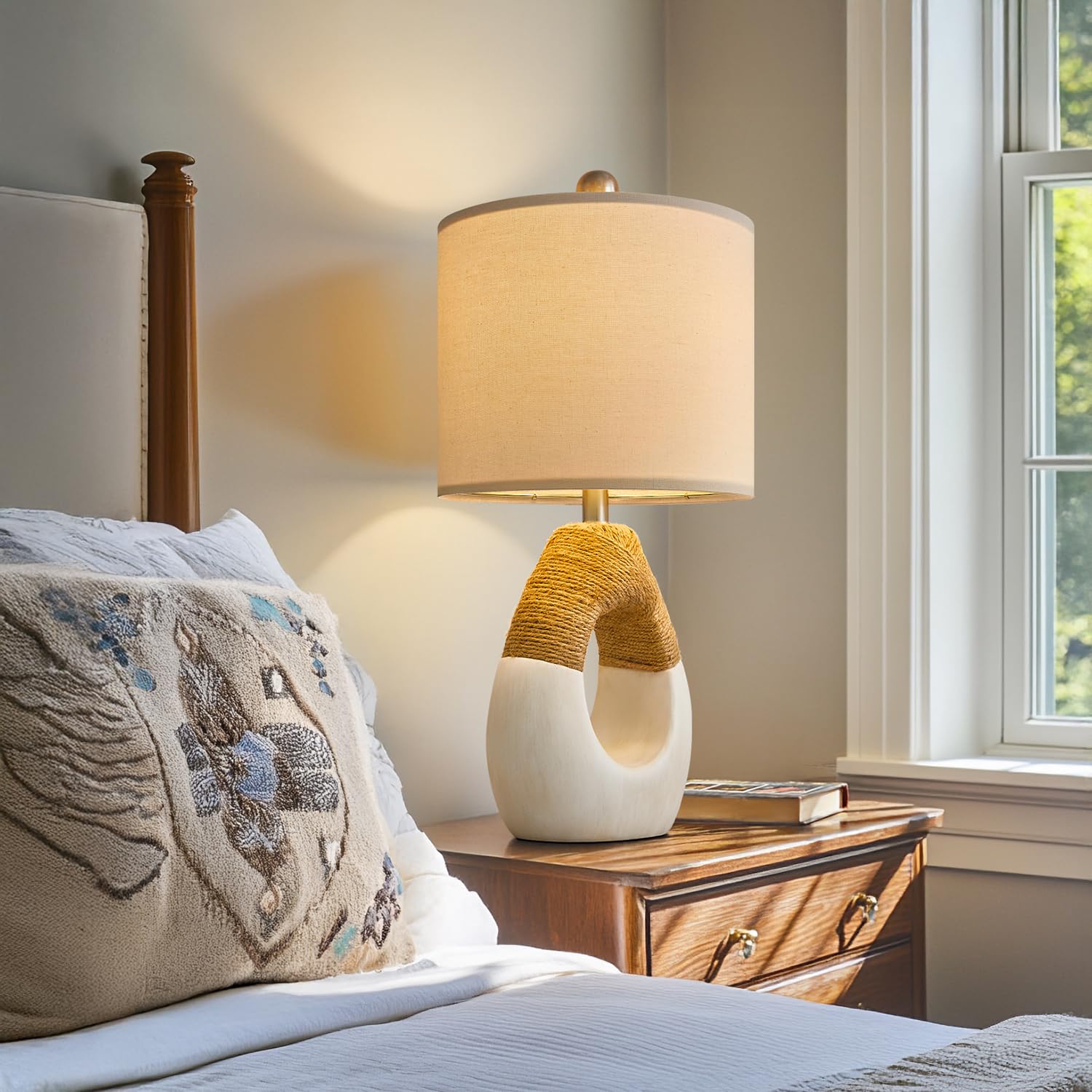 Oyears Boho Table Lamps Bedroom Living Room Set 2 Small Farmhouse Rattan Table Lamp 19”Rustic Home Decoration Nightstand Bedside Lamp For Office Compatible With Smart Light Bulbs(Not Include Bulbs)
