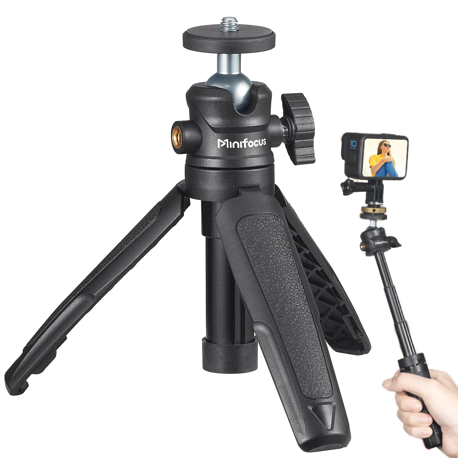 Minifocus Extendable Mini Camera Tripod, Selfie Stick Tripod Stand Handle Grip With 360° Rotating Ball Head, 1/4" Screw Extension Pole Tripod For Gopro Akaso Insta360 Dji Osmo Action Camera And Smartphone