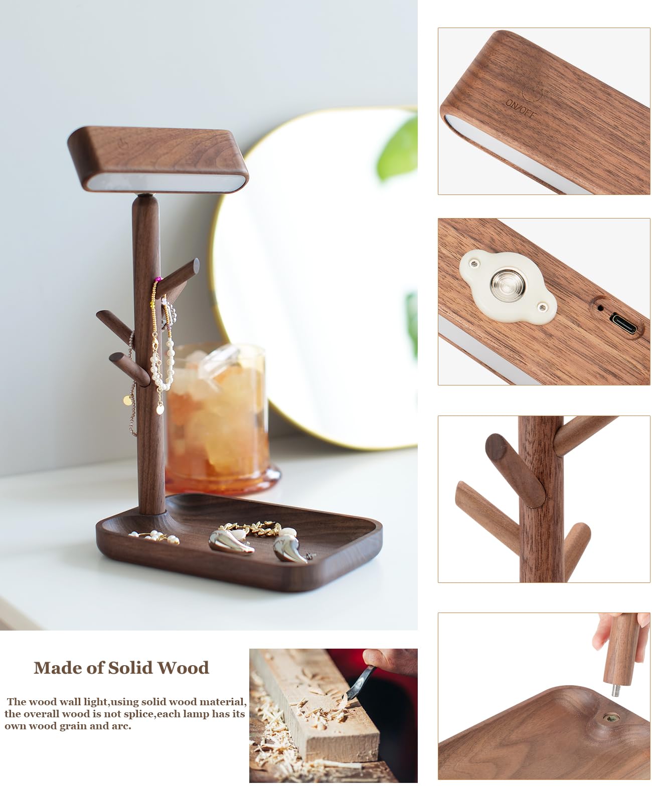 Vadifula Wooden Table Lamp Tree Trunk Wood Column Rechargeable Led Desk Lamps Magnetic 360°Rotate Battery Powered Wall Night Lights For Bedside Living Edge Table (Black Walnut)