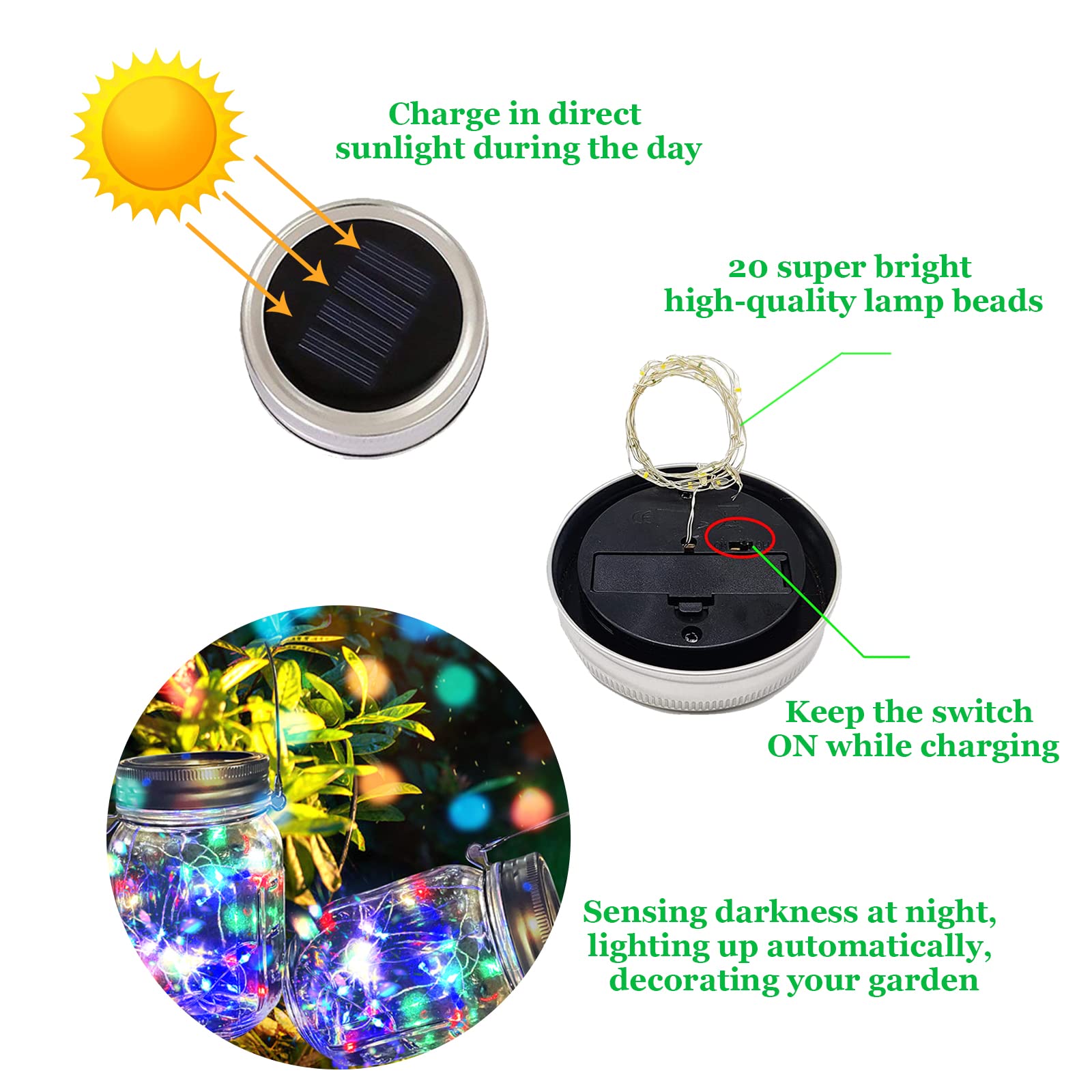 Zqx Hanging Solar Mason Jar Lights,2 Pack 20 Led String Hanging Mason Jar Lanterns For Outdoor,Great Decor Light For Outside Patio Garden Yard Fence Wedding Table,Hangers And Jars Included（Multicolor）