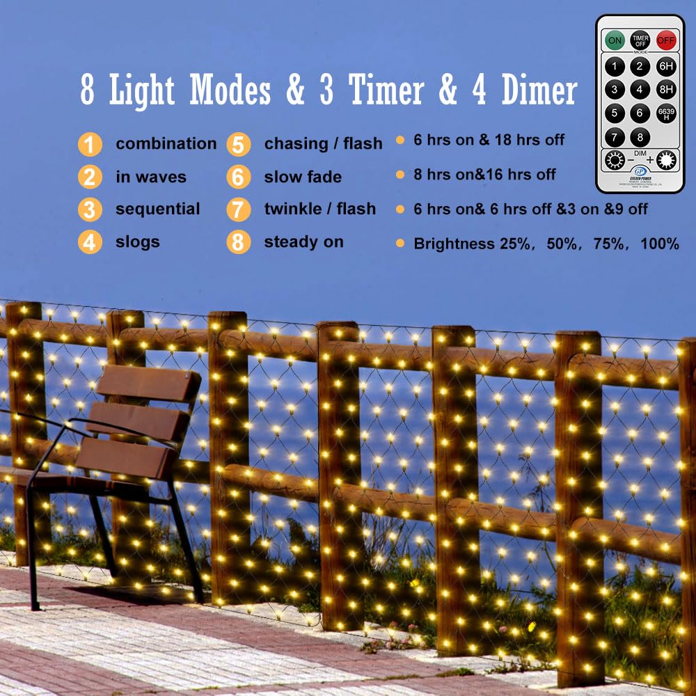 Iknhyeg 20 X 6.6Ft 320Led Solar Net Lights Outdoor For Bushes,Large Outside Mesh Lights Net Light Solar Garden Tree Light Waterproof With Remote 8 Modes For Baloncy Gazebo(Warm White)