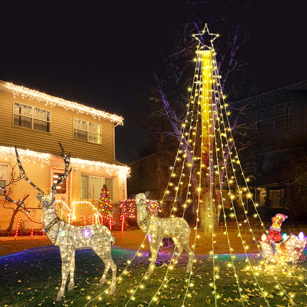 Funiao Christmas Decoration Lights, 320 Led Waterfall Christmas Tree Lights With 12" Star Topper, 8 Modes Indoor Outdoor String Lights For Yard, Party, Home, Holiday (Warm White)