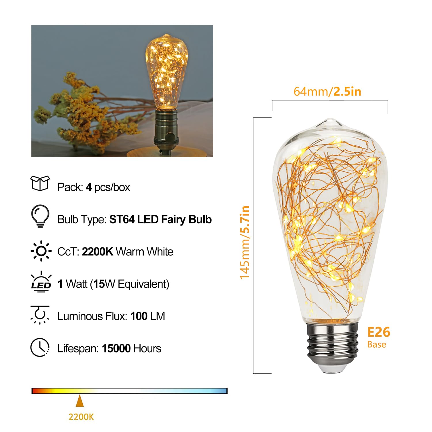 Ceinbota Ceinbota Led Fairy Bulbs, String Light Bulbs.St19 Starlight Decorative Bulbs Replacement Incandescent Lamp For Patio, Garden,Batheroom,Bedroom,Warm White 2200K,70Lm,E26 Base,120V/Ac,Not Solar Energy(4Pack)
