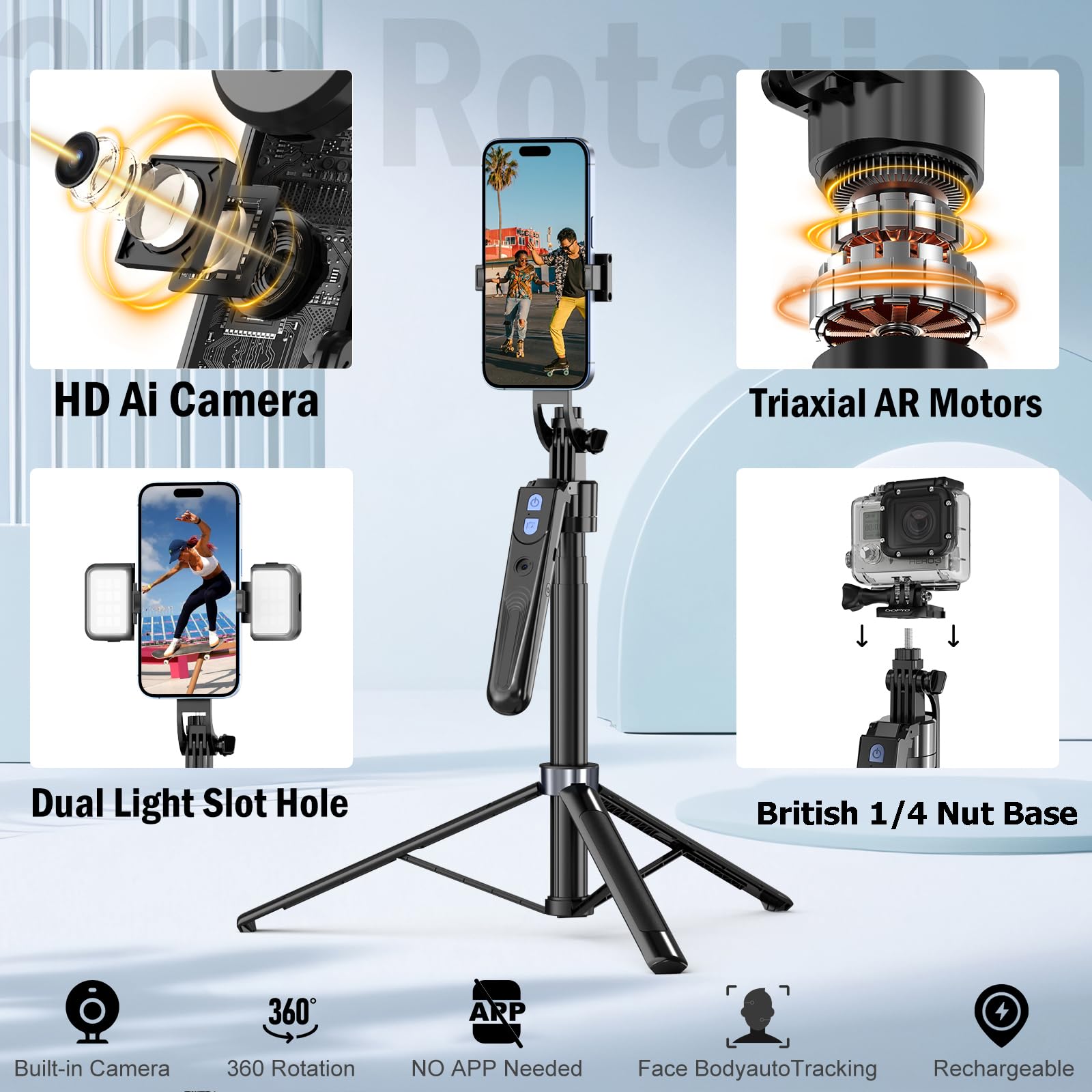 Zarcaco 70-Inch Auto Face Tracking Tripod 360 Rotation With Stand,Android And Iphone Tripod Holder With Remote And Gesture Control, Built-In Tracking Camera Selfie Stick For Vlog Video Recording Tiktok