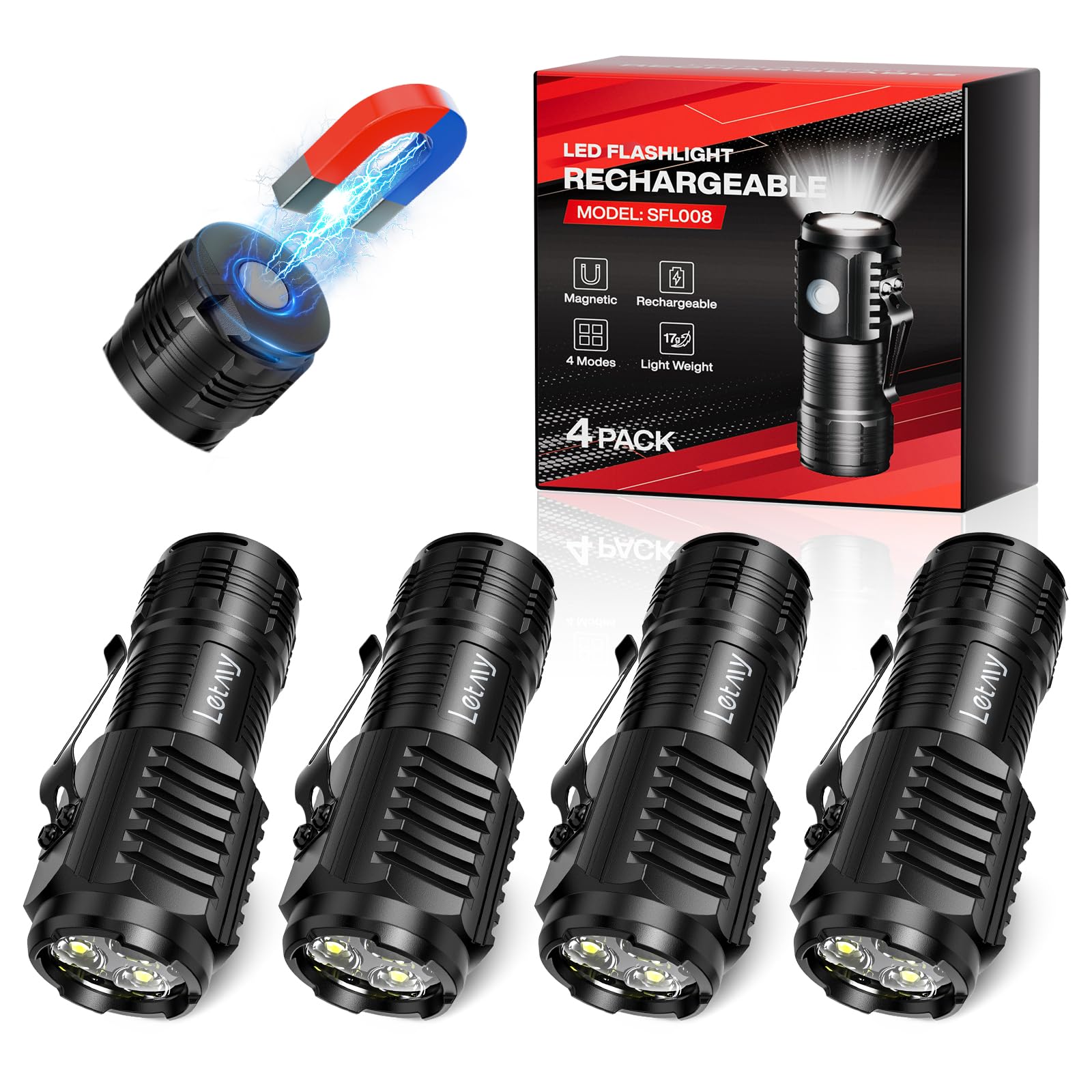 Letmy Rechargeable Mini Flashlights With Magnetic Base, 4 Pack Bright 3 Led Flash Lights, Small Edc Flashlight With Belt Clip, 4 Lighting Modes Portable Rechargeable Flashlights For Camping Home