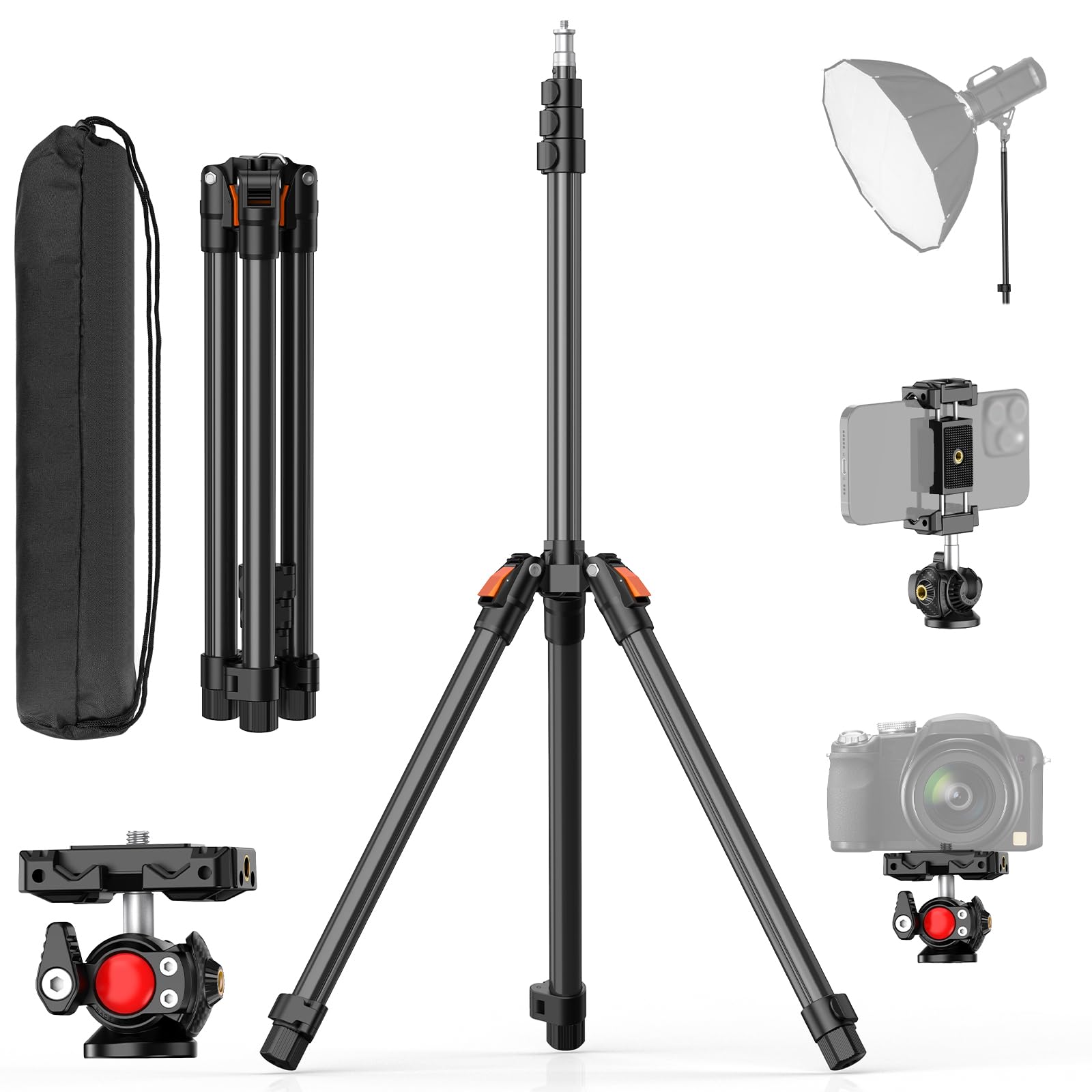Xxzu Photography Light Stand,83In/6.9Ft Camera Tripod Stand With Ball Head,Reversible Portable Phone Tripod With Case,Light Stand Tripod For Camera/Phone/Flash/Webcam/Stage/Projector/Softbox