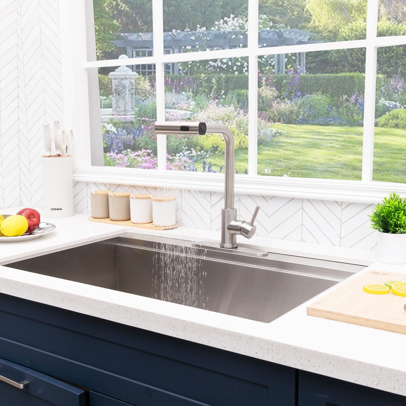 Ricinun Waterfall Kitchen Sink Faucet With Pull Down Sprayer Pull Out Stainless Steel Brushed Nickel Kitchen Faucet Single Handle 3 Function 360 Waterfall Swivel Sprayer