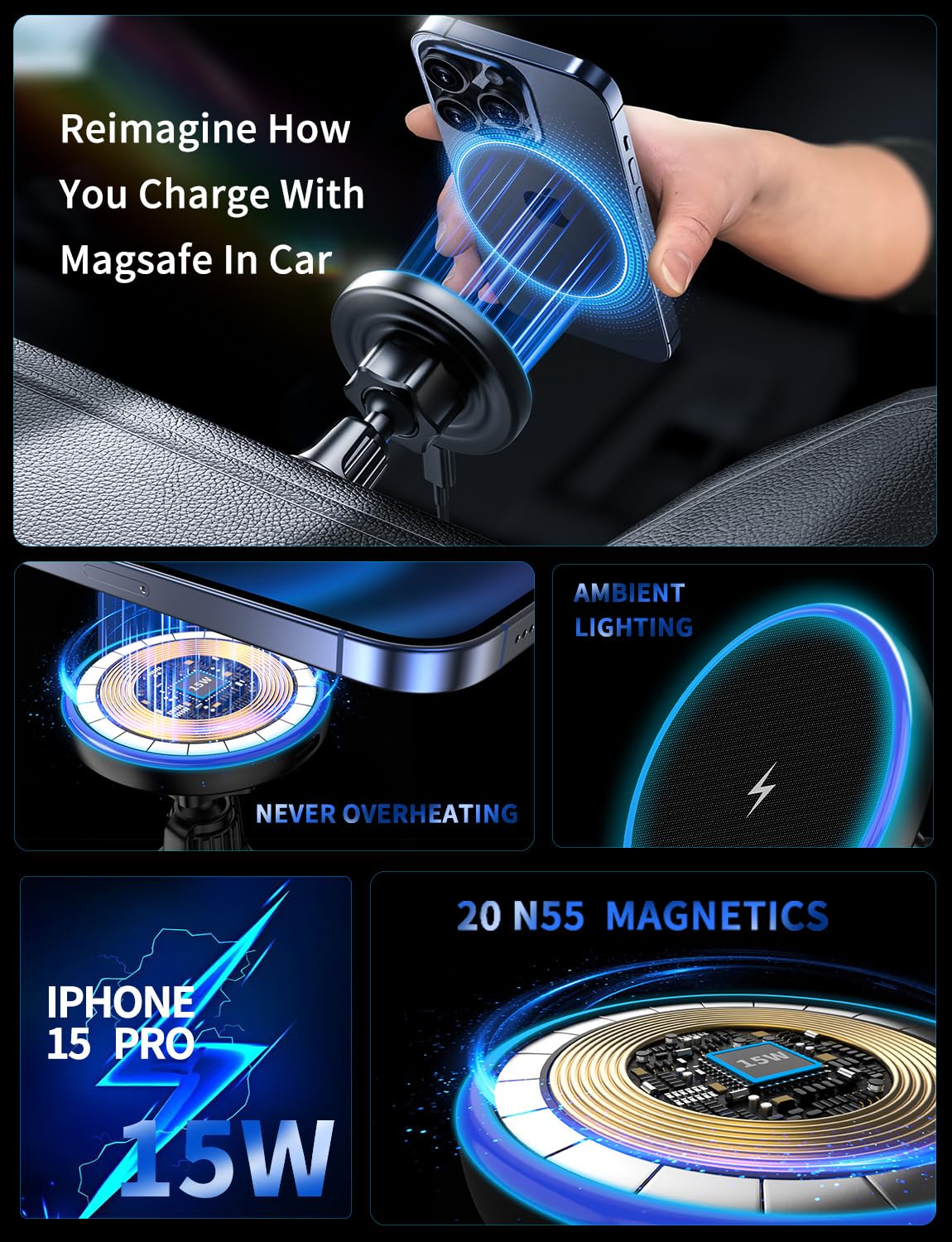 Bokilino Magsafe Car Mount Charger, 3 In 1 [Led Rgb Hands] Wireless Car Charger, Magnetic Phone Holders For Your Car- Fast Charging Car Magsafe Charger For Iphone 16/15/14/13/12 Series,  For Men Women