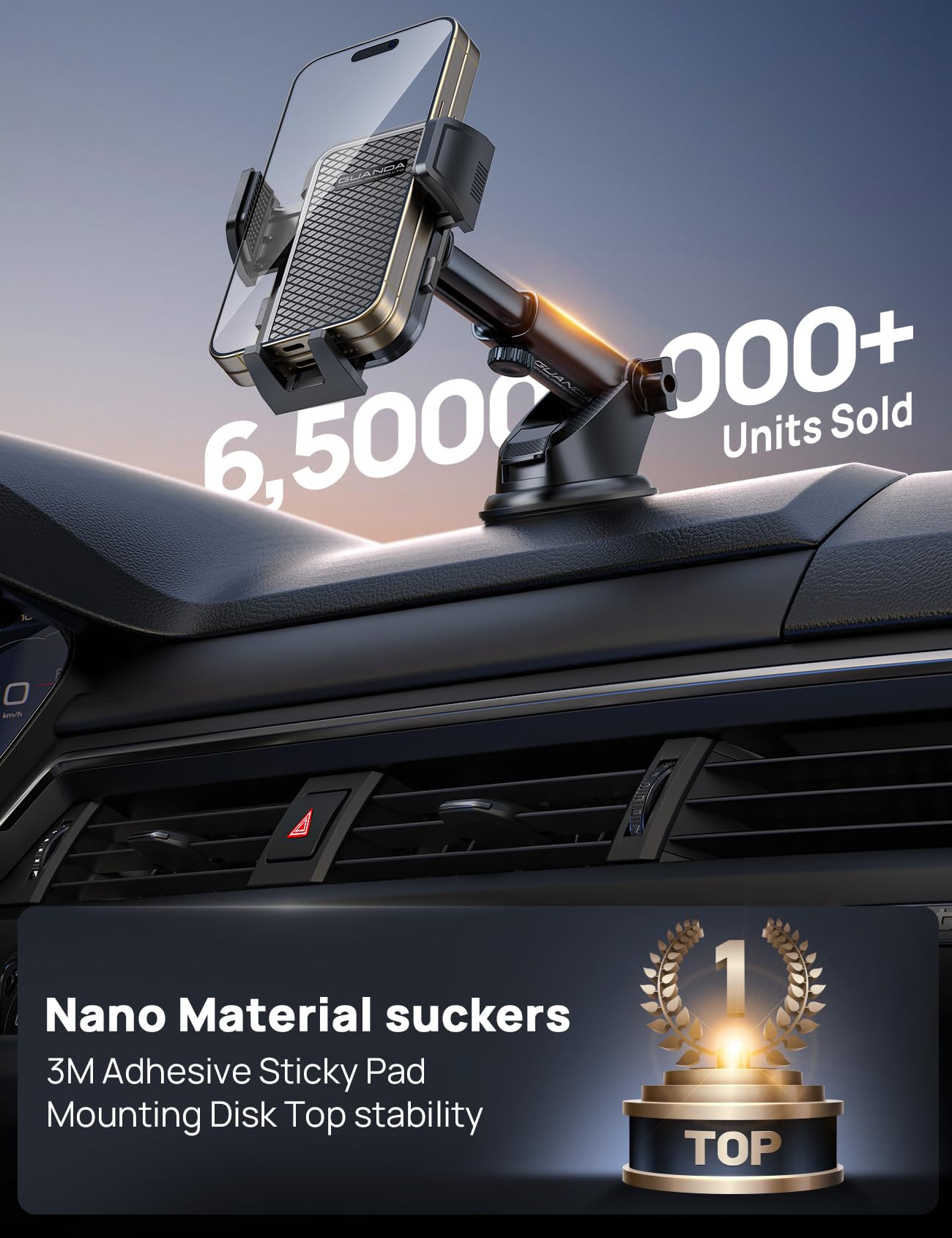 Guanda Technologies Co., Ltd. Adjustable Windshield Phone Mount For Car, Suction Cup Dashboard Holder For All Cell Phone, (+Vent Hook) [Military Grade Stable], Non-Slip Silicone Carbon Fiber, (Black)