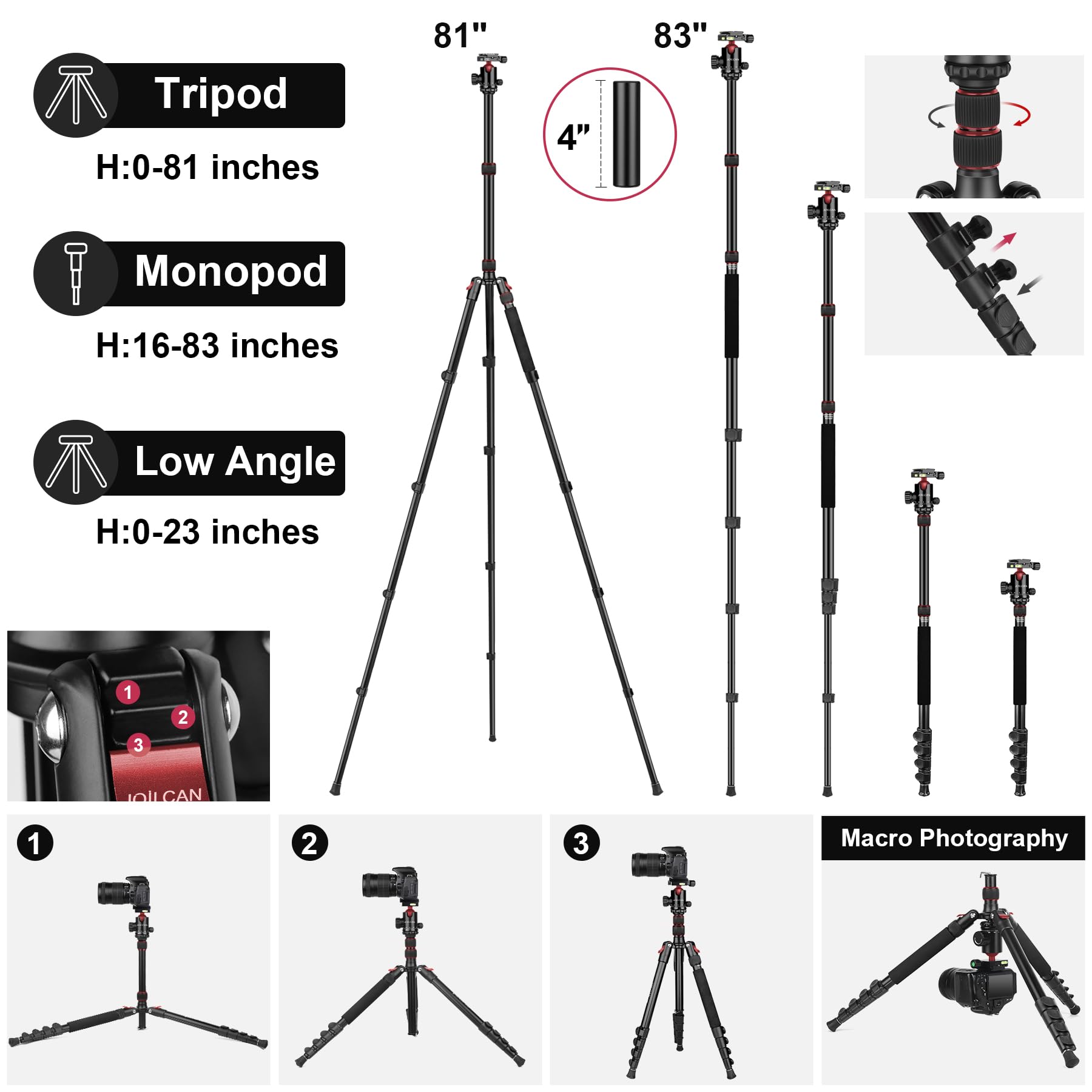 Joilcan Tripod For Camera, 81" Aluminum Camera Tripod Monopod For Dslr, Heavy Duty Travel Tripods For Spotting Scope Binoculars Laser Level, Payload 35Lb