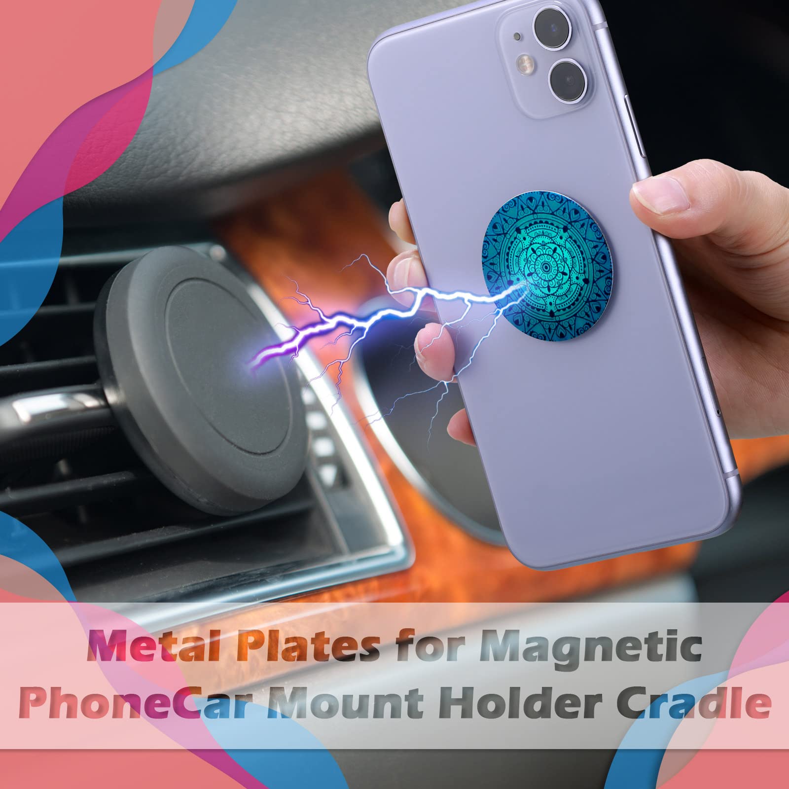 Weewooday 18 Pcs Magnetic Phone Plates Car Metal Plate Mandala Flower Round Mount Holder With Adhesive For Phone Magnet, Magnetic Car Mounts Replacement Sticker, Milky Way'S Mandala