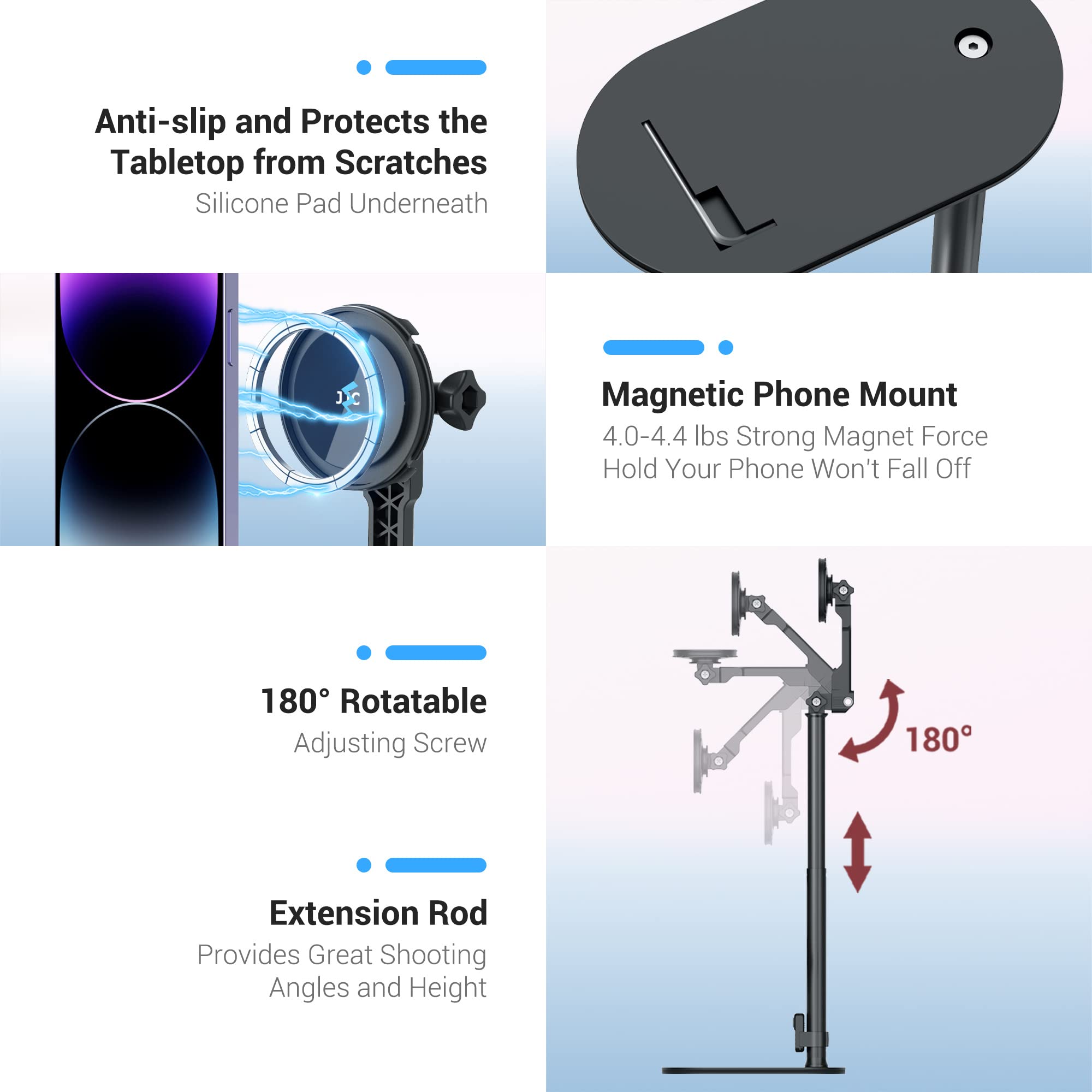 Kiorafoto Adjustable Magnetic Selfie Stand For Iphone 14 Plus, 13, 12 Pro Max, Mini & Compact Camera, 16.9" Overhead Stand For Live Streaming, Office