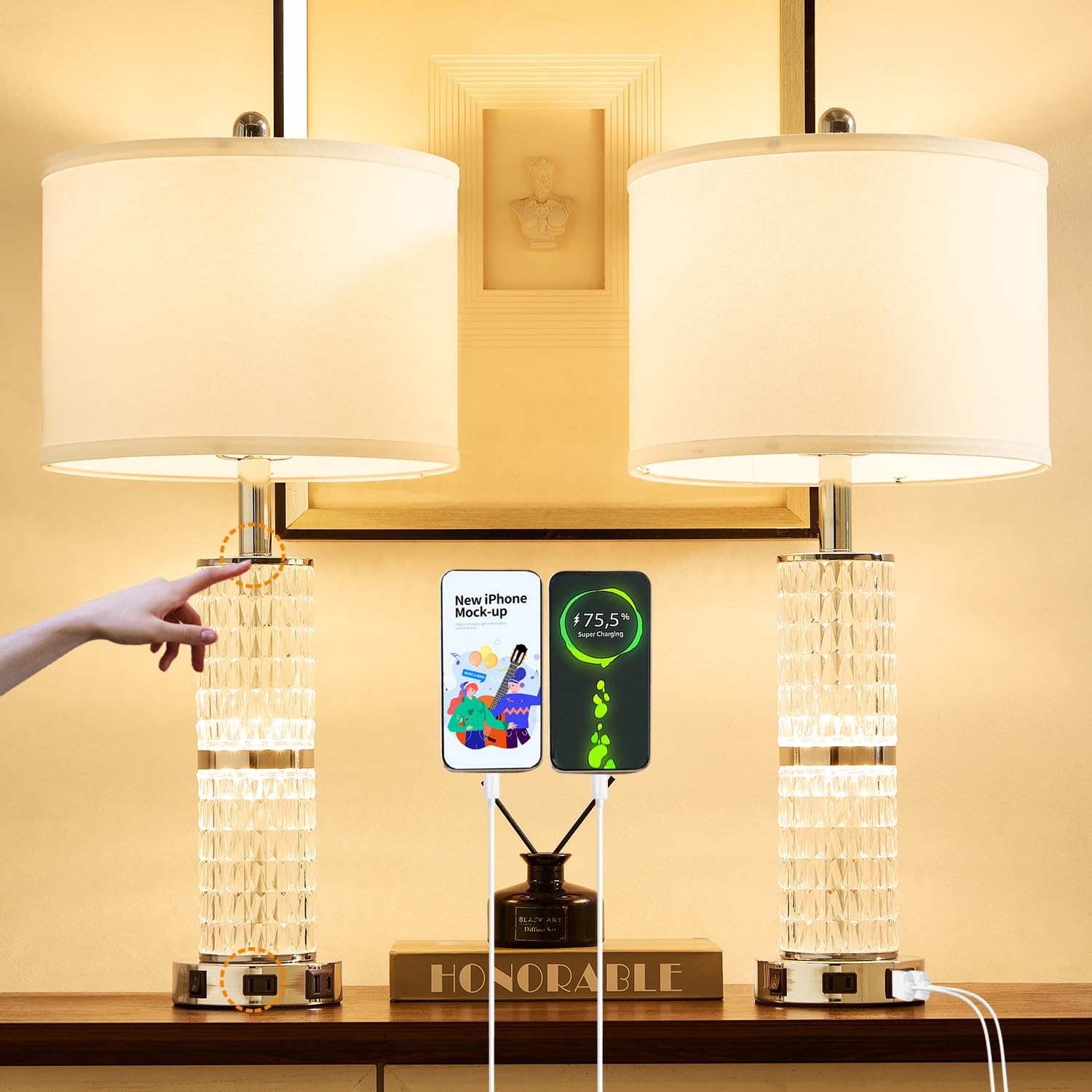 Saiweya Crystal Table Lamps Modern 3-Way Dimmable Bedside Lamp With 2 Usb Ports & Ac Outlets For Living Room Bedroom Nightstand Lamp Night Light (Silver-2 Pack)