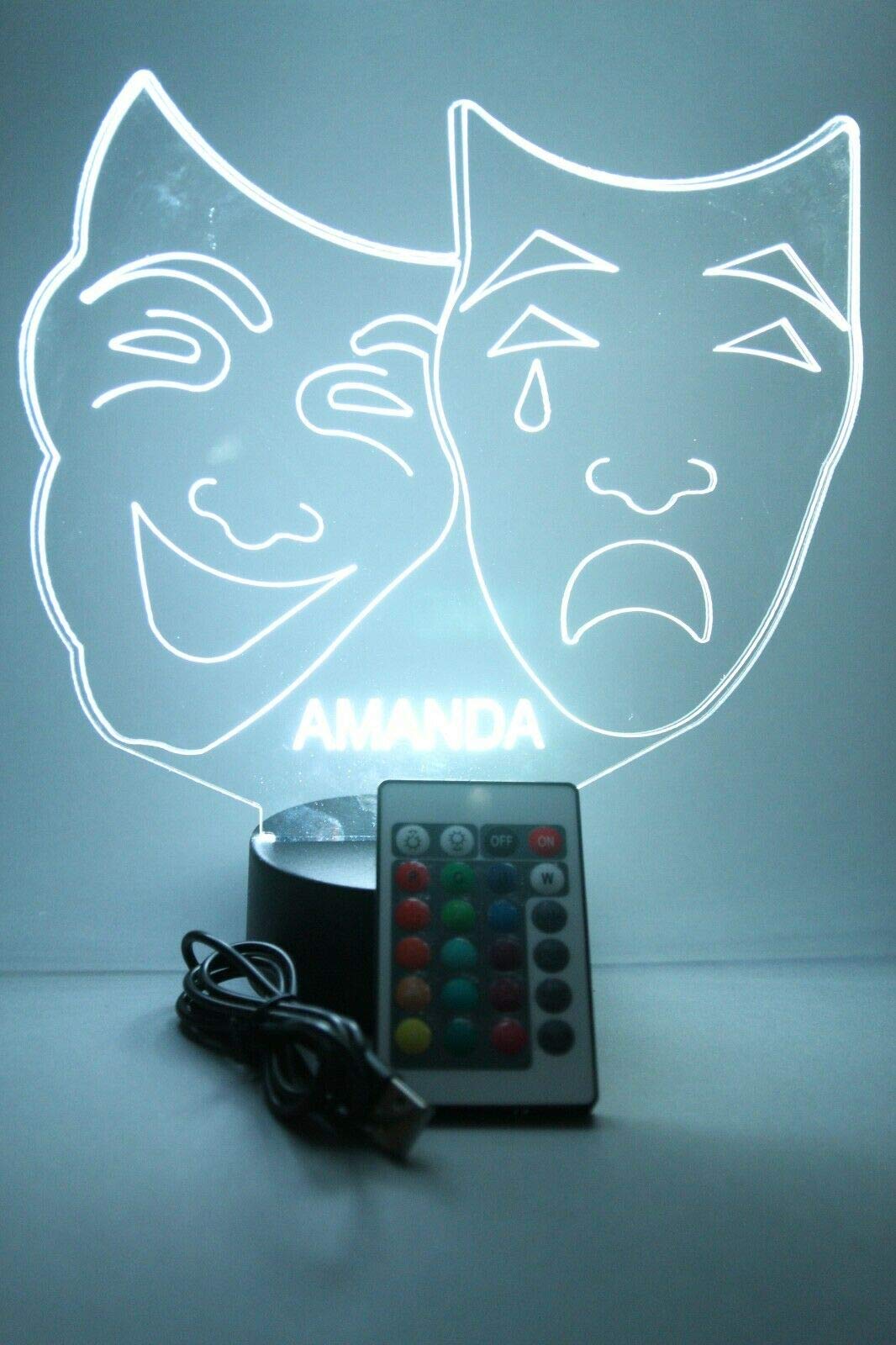 Mirror Mania Comedy Tragedy Theater Masks Light Up Night Light Lamp Led Engraved Custom Name Personalized Table Lamp, With Remote, 16 Different Color Options, Dimmer, It'S Wow, Great
