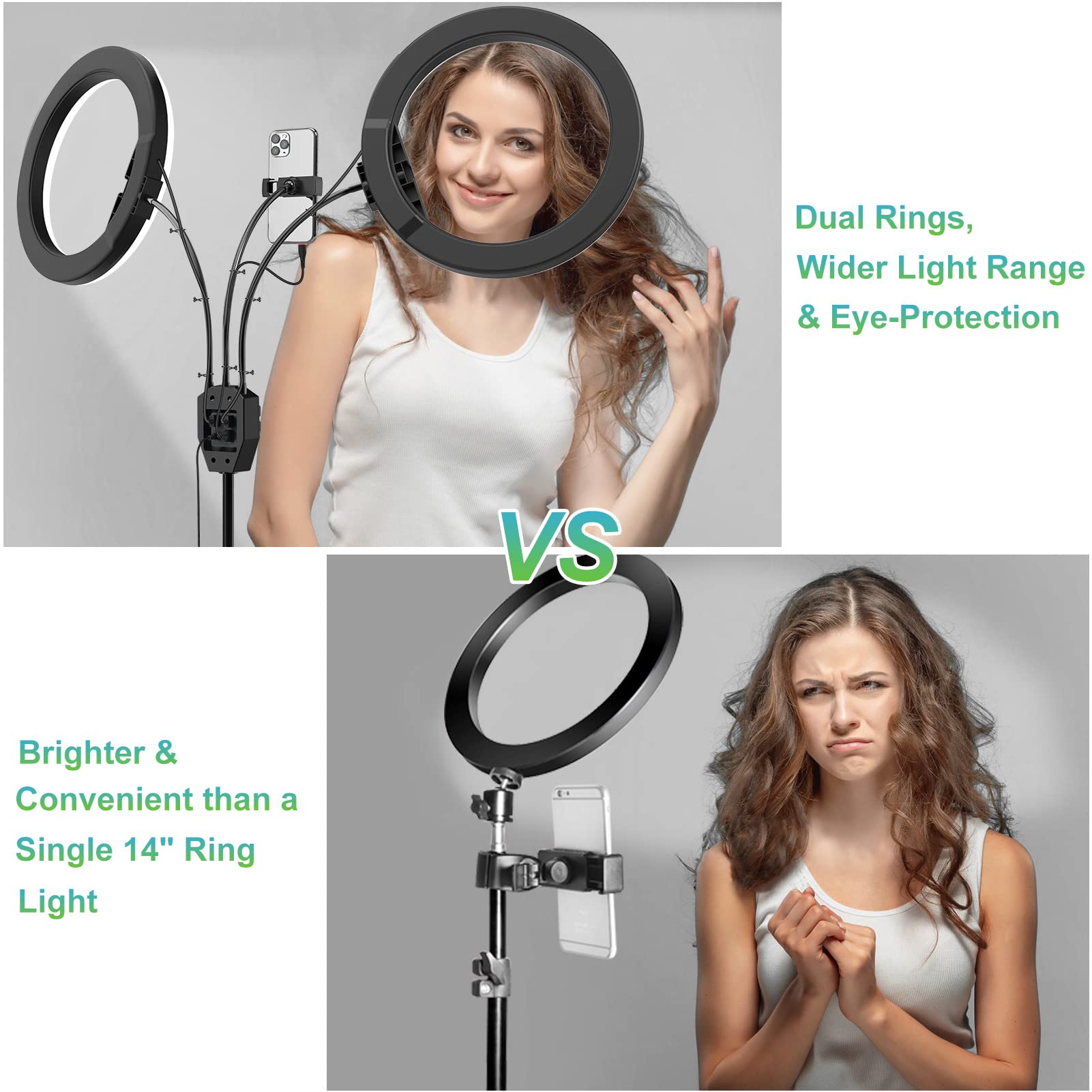 Sebider Dual 10" Led Ring Light With Tripod Stand & Phone Holder, Selfie Circle Lights With 5 Light Modes (2700-6500K)&12 Brightness Compatible For Makeup/Photography/Tiktok/Youtube/Live Stream