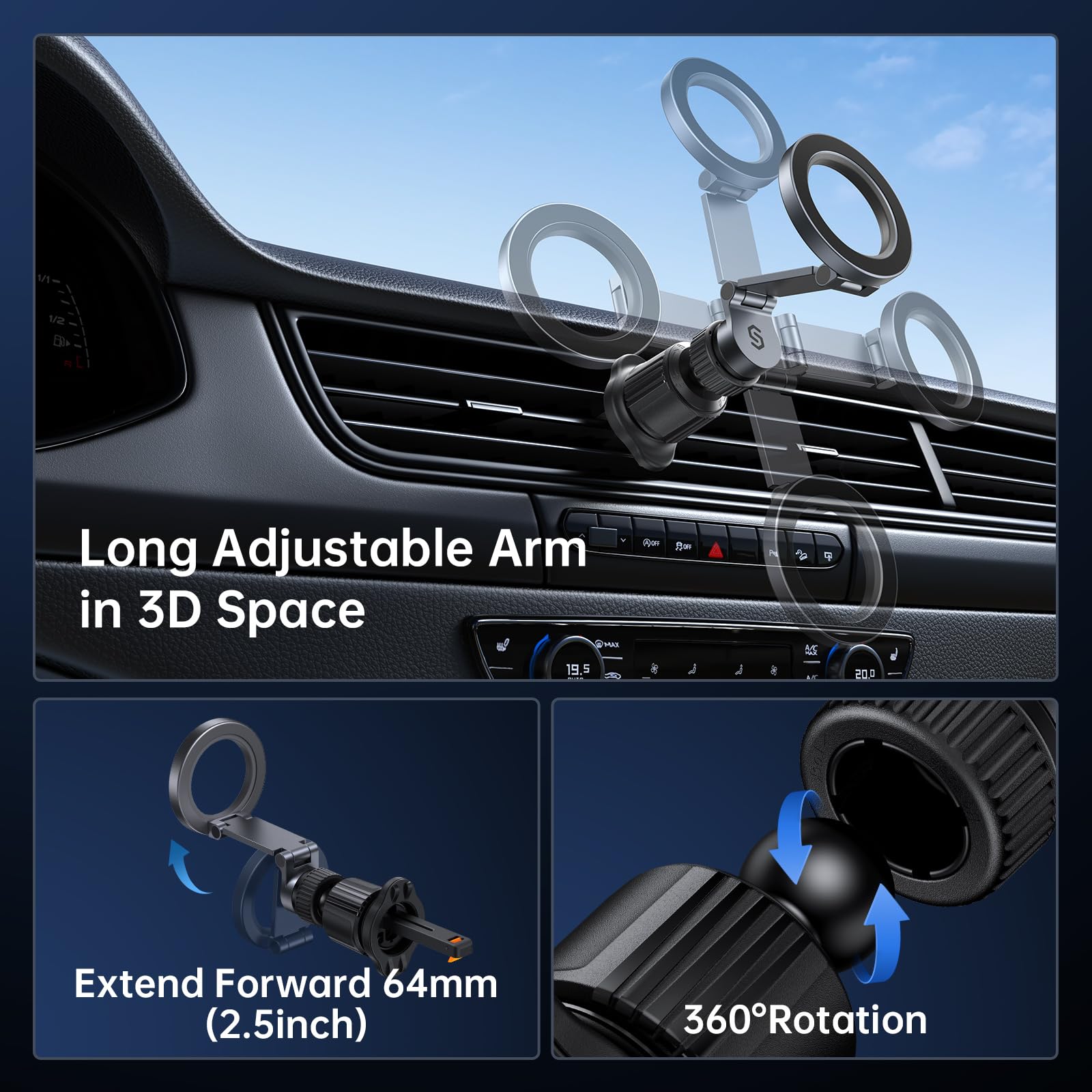 Syncwire For Magsafe Car Mount Vent - Magnetic Phone Holder For Car [3D Long Arm  Flexible Rotation  Strong Magnets] Air Vent Car Phone Mount For Iphone 16 15 14 13 12 Pro Max Plus Mini Mag Safe