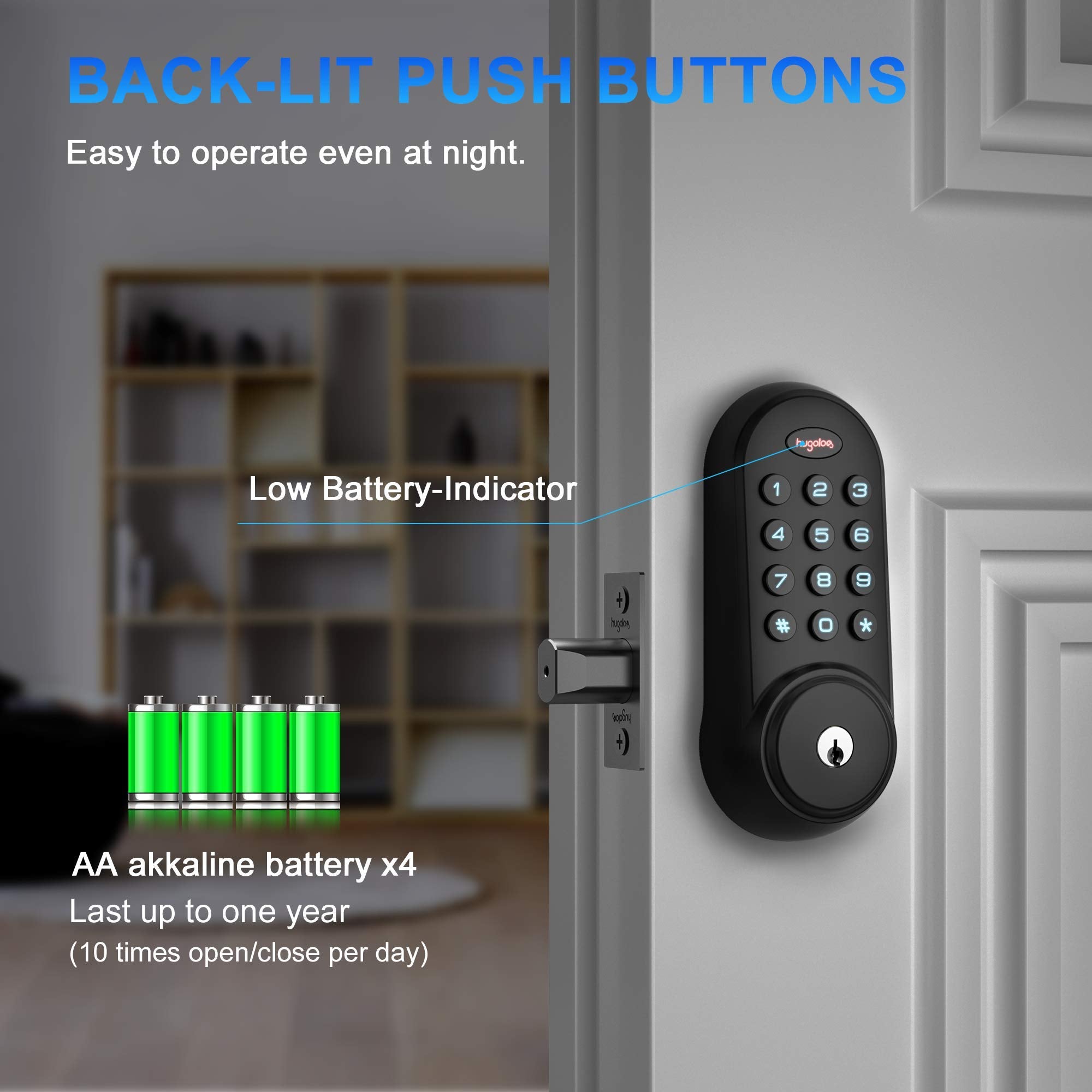 Hugolog Deadbolt Lock Electronic,Keypad Keyless Entry Door Lock Motorized Auto-Locking Easy To Install High Security Material For Metal Home & Office Black