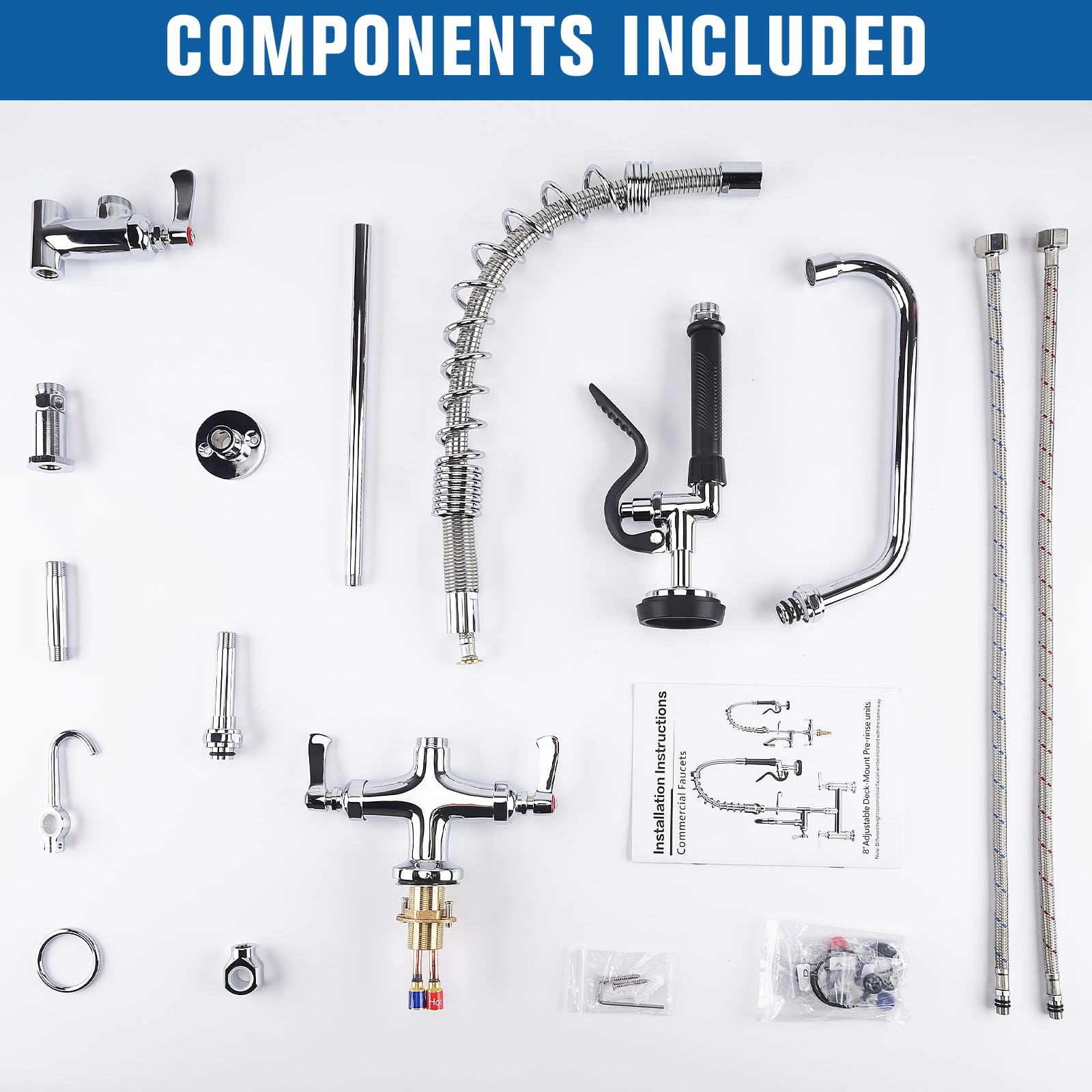 Bzimak 21" Height Commercial Sink Faucet Deck Mount With Pre-Rinse Sprayer, Commercial Kitchen Faucet With 8" Add-On Swing Spout Faucet & Spring Pull Down Sprayer, 8" Adjustable Center Kitchen Faucet