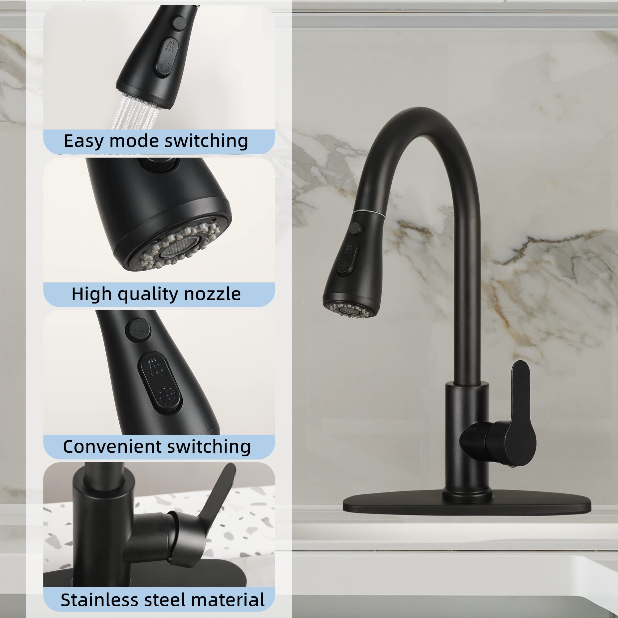 Cilaixi Kitchen Sink Faucet With Pull Down Sprayer With Deck Plate Home Handle Stainless Steel 360 High Arc Swivel Efficient Cleaning Brushed Out Kitchens Tap Faucets (Matte Black)